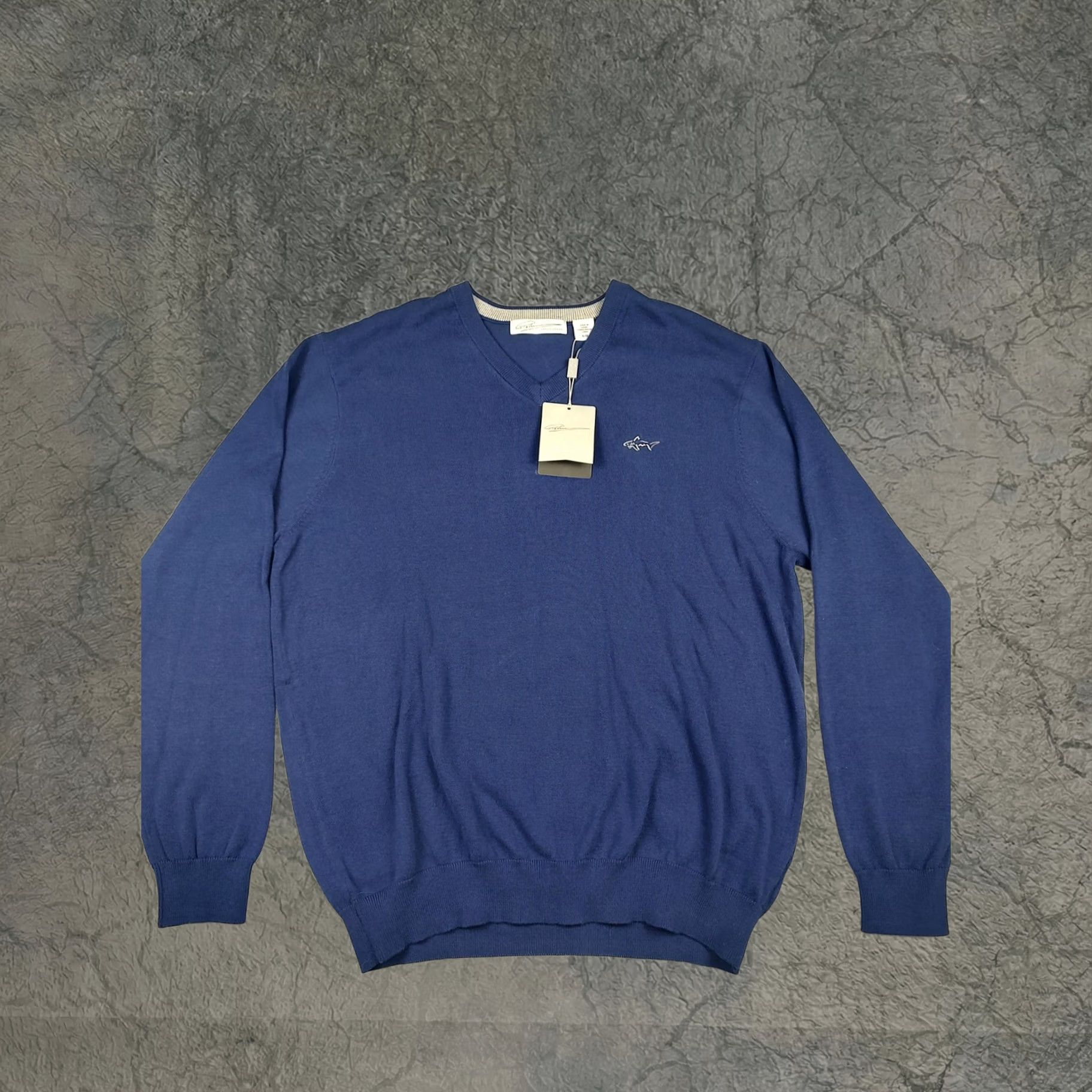 Greg Norman Sweater Mens Large Blue V Neck Cotton Golf Shark Logo Pullover Knit, Men's