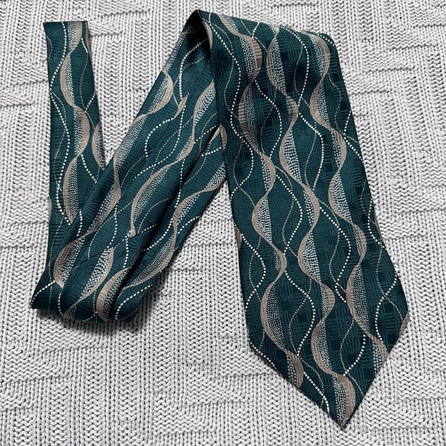Oleg Cassini Vintage Oleg Cassini green gold wave line silk tie Size ONE SIZE - 1 Thumbnail
