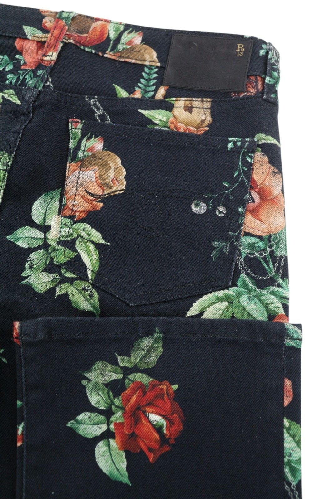 R13 KICK FIT 27 Black Floral Print Ankle Cropped Jeans 85830 Size 27" / US 4 / IT 40 - 5 Thumbnail