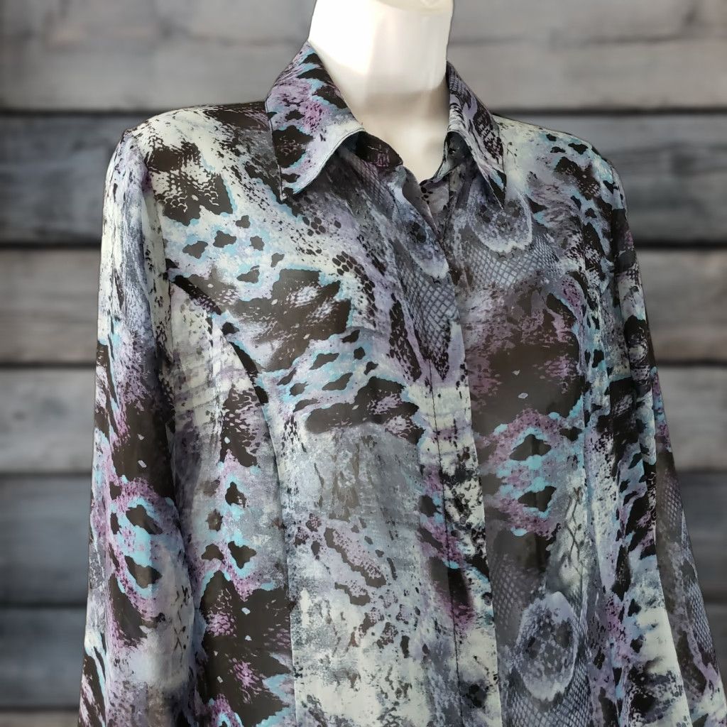 Vintage CAbi 609 Womens Python Print Blouse Sz M Blue Black Semi Sheer Button Front Shirts Womens Size M / US 6-8 / IT 42-44 - 1 Thumbnail