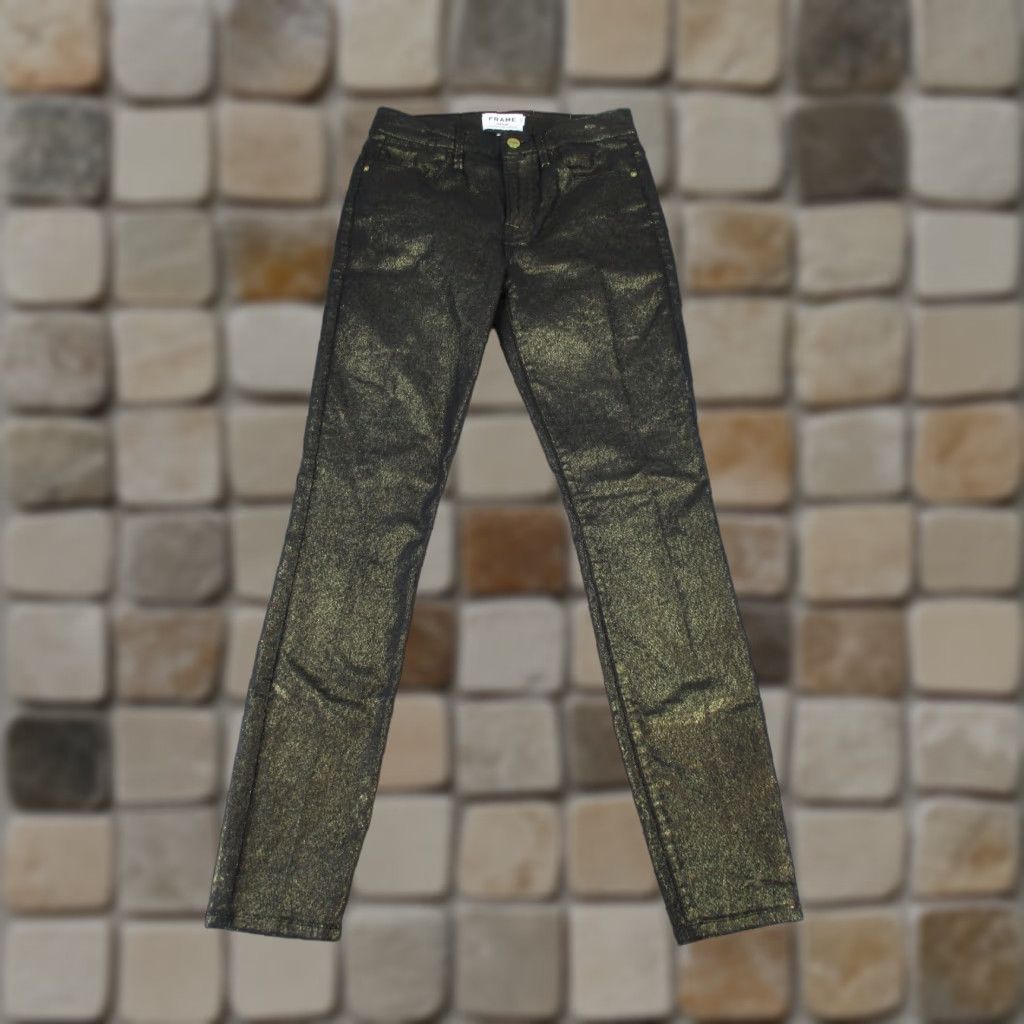 Frame FRAME Jeans Womens 27 Le High Skinny Dark Gold Metallic Denim Girls 90s? Size 27" / US 4 / IT 40 - 1 Thumbnail