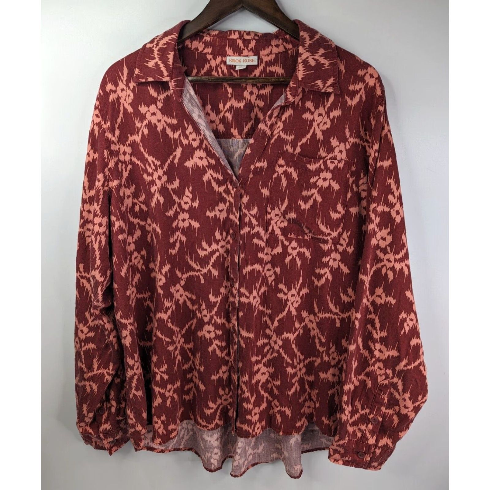 Vintage Knox Rose Shirt Womens 2XL Red Long Sleeve Button-Up Collared Lyocell Front Patch Pocket Casual Workwear Size XXL / US 16-18 / IT 52-54 - 2 Thumbnail
