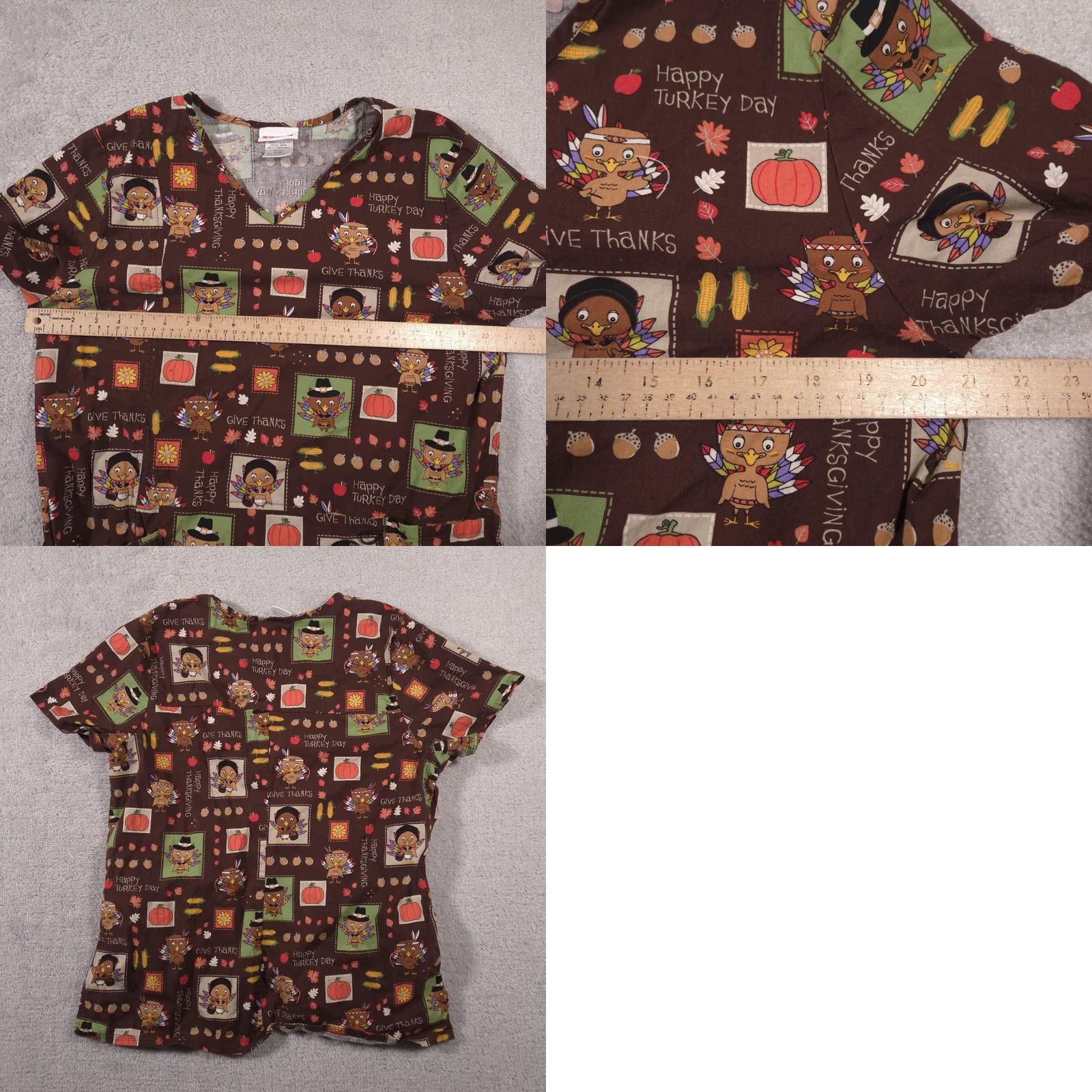 Vintage ScrubTop Womens Large Brown Thanksgiving Turkey Print Nursing Medical V-Neck Short Sleeve Pockets Tunic ScrubStar Size L / US 10 / IT 46 - 8 Thumbnail
