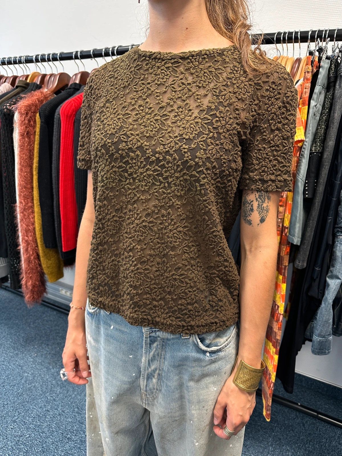 Dolce & Gabbana Dolce & Gabbana 90’s Laces Mesh Khaki Brown Flowers Tee Size L / US 10 / IT 46 - 2 Thumbnail