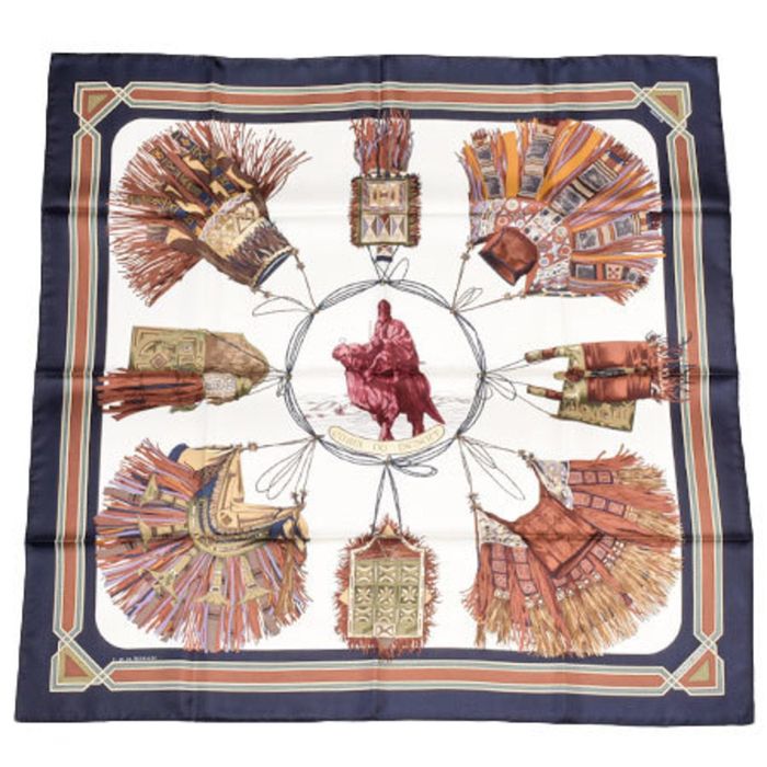 Hermes HERMES Carre 90 Silk Scarf Desert Leather CUIRS DU DESERT Navy ...