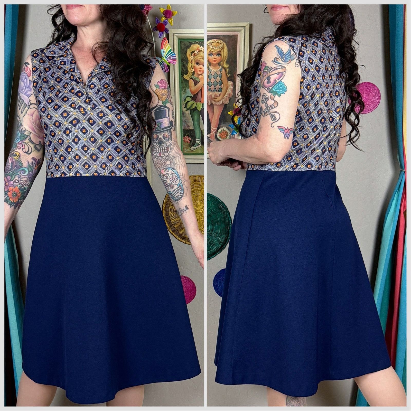 Vintage Vintage 1970s Blue Sleeveless Collar A-Line Minidress Size M / US 6-8 / IT 42-44 - 3 Thumbnail