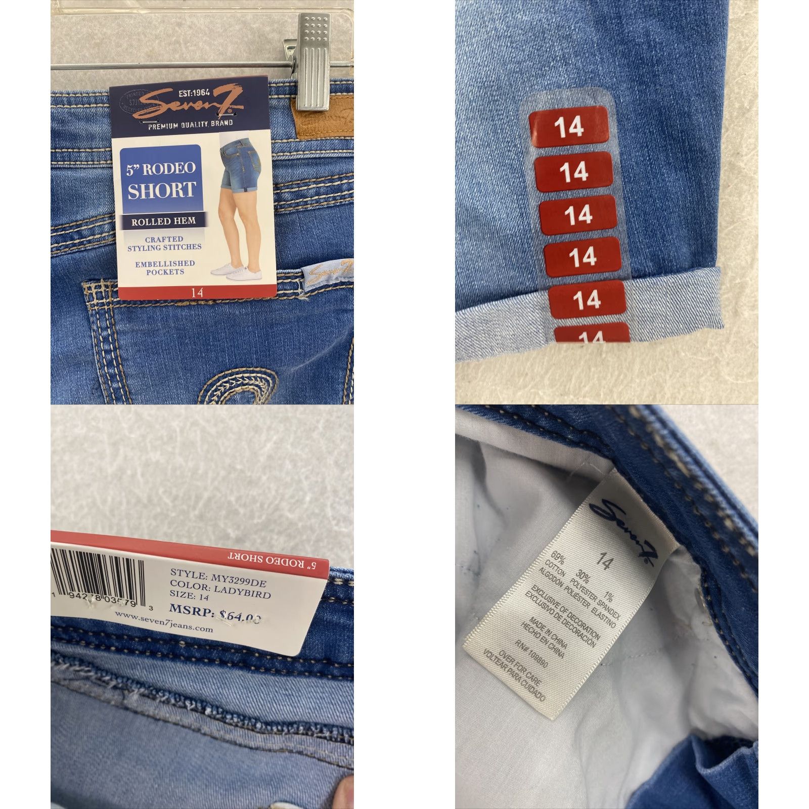 Vintage Seven7 Womens Jeans Shorts 14 Light Blue Cuffed Embellished Pockets 5 Inseam NWT Bohemian Style Size 36" / US 14 / IT 50 - 8 Thumbnail