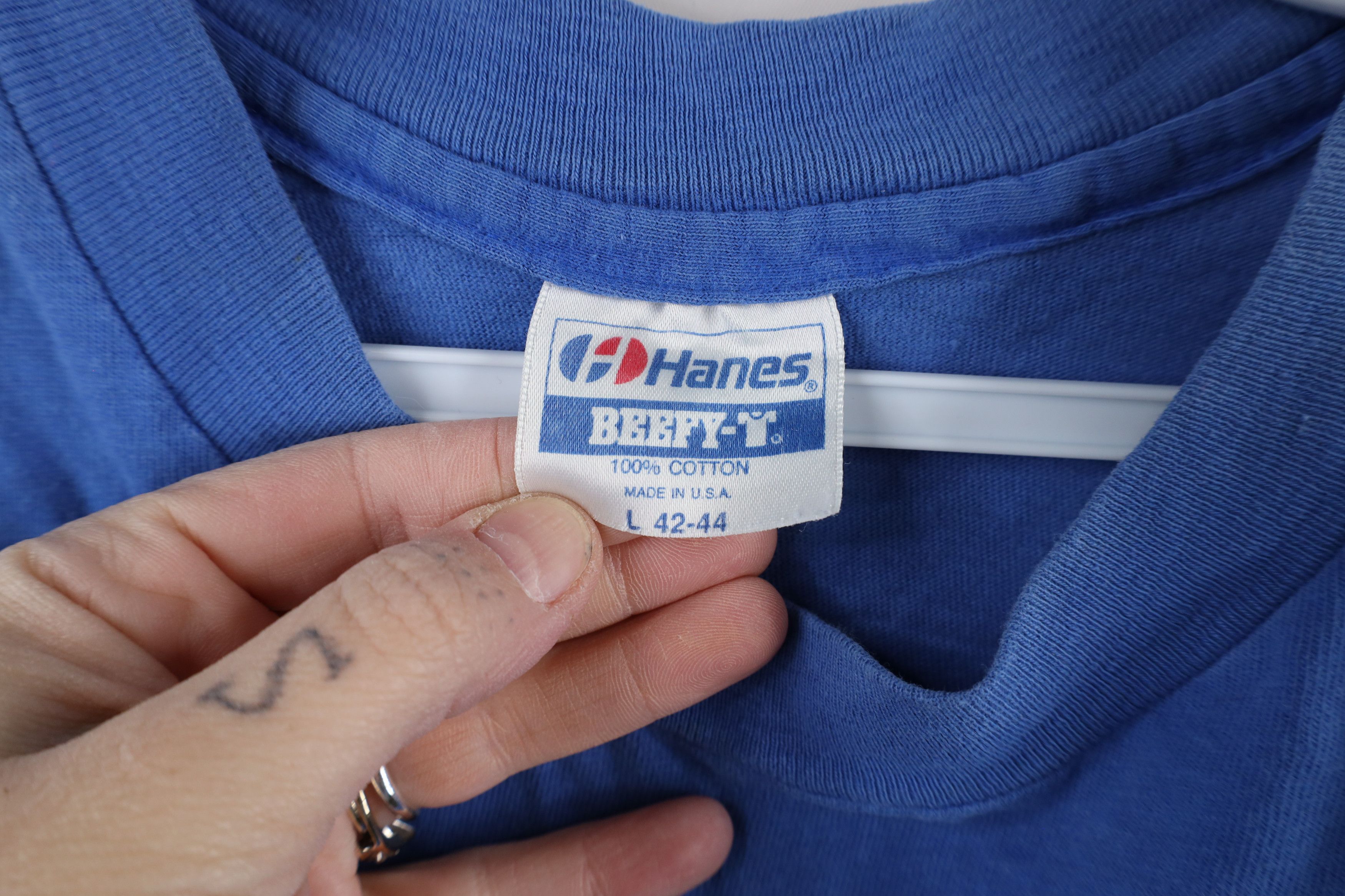 Hanes × Vintage Vintage 80s 90s Hanes Beefy Blank Cotton T-Shirt Blue USA Size US L / EU 52-54 / 3 - 6 Thumbnail