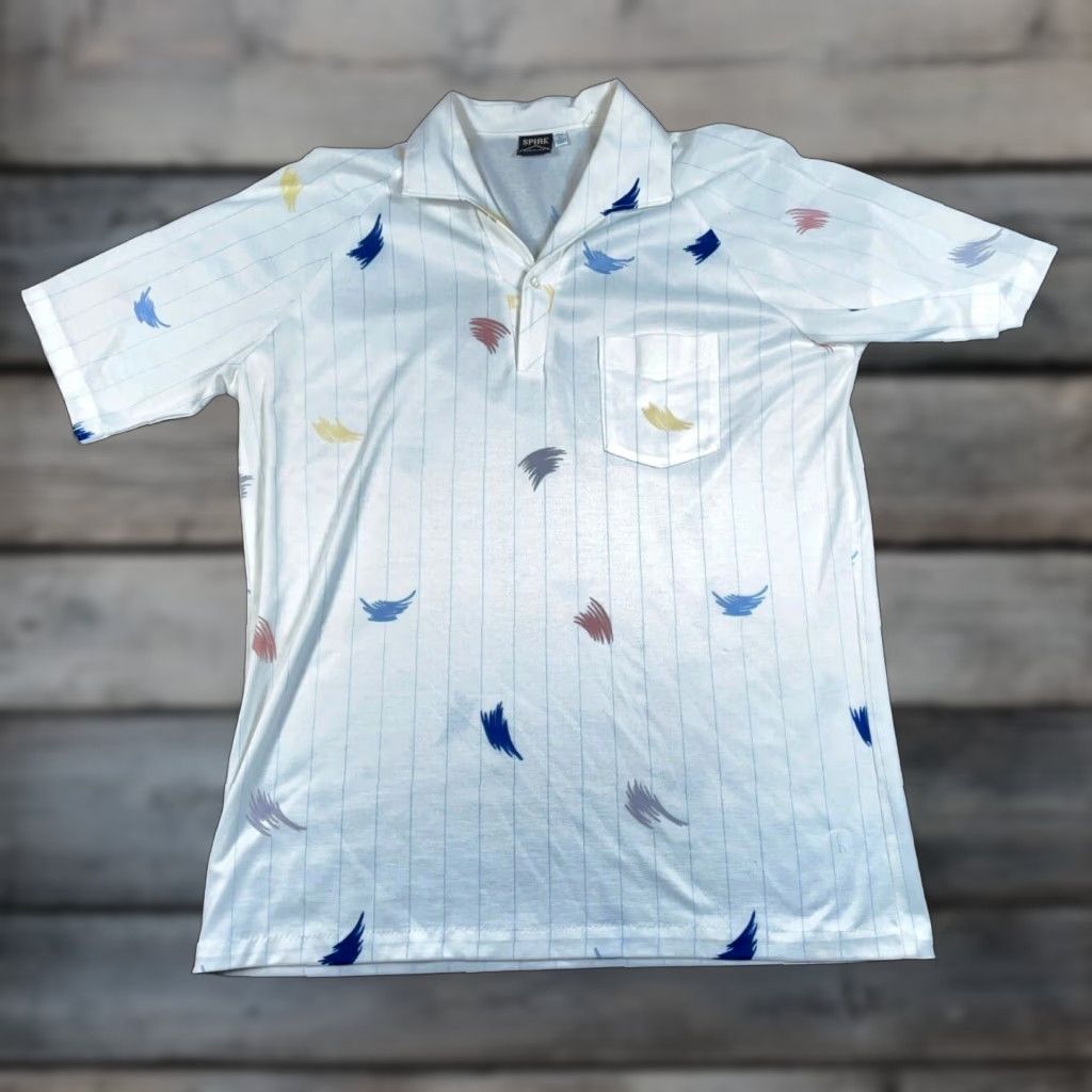 Vintage VTG 80s Spire Geometric Pattern Polo Shirt Adult XL Tall White Retro Mod 70s Size US XL / EU 56 / 4 - 1 Thumbnail