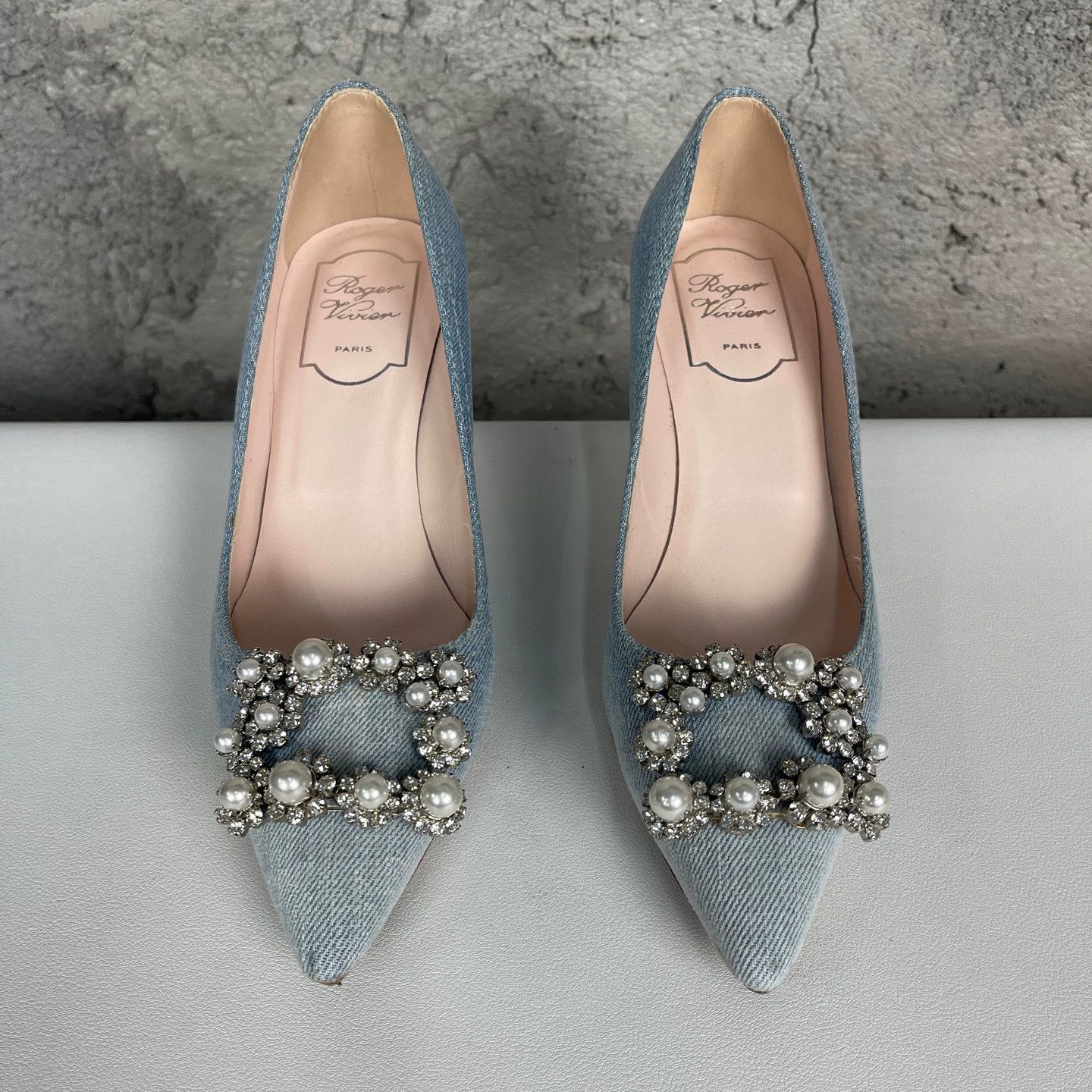 Roger Vivier RV Crystal Buckle Denim Pointed-Toe Women's Heels Size US 6 / IT 36 - 7 Thumbnail