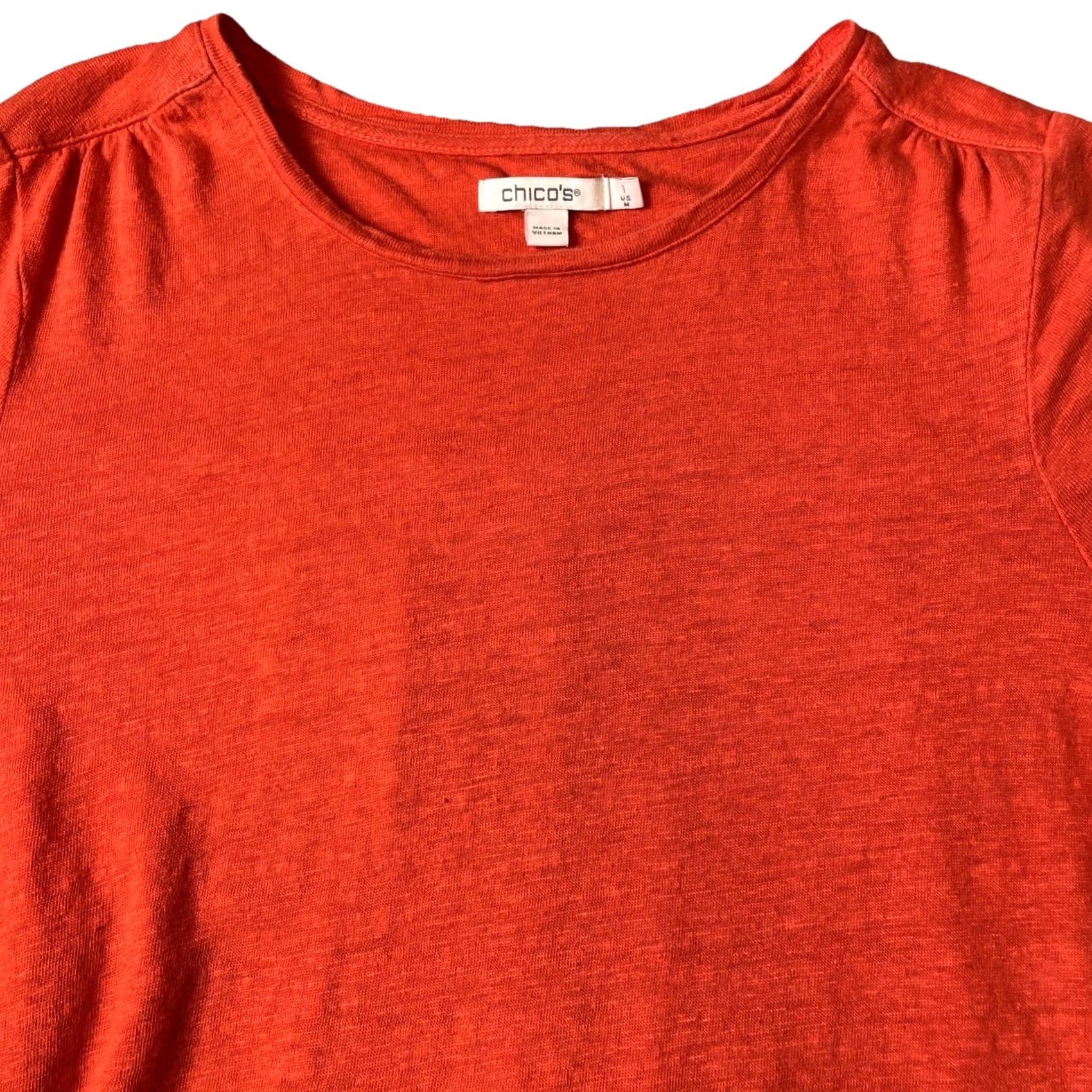 Vintage Chico's Blouse Shirt Women’s Linen 100% Short Sleeve Orange Regular M Casual Back Tiered Pleated Ruffle Knit Lightweight Breathable Size M / US 6-8 / IT 42-44 - 4 Thumbnail