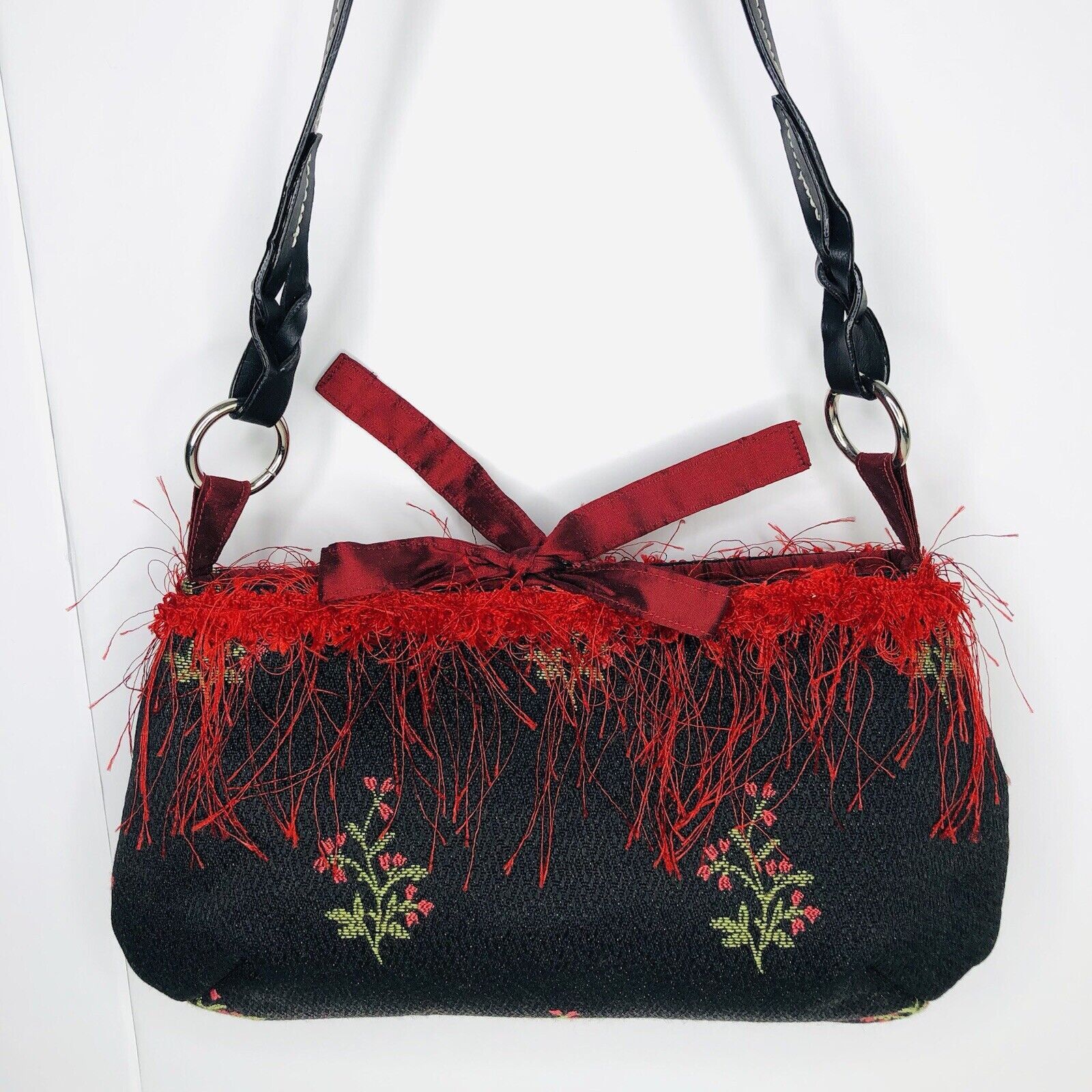 Other Vtg 80s AcScents Tapestry Black Floral Bag Red Fringe Size ONE SIZE - 4 Thumbnail