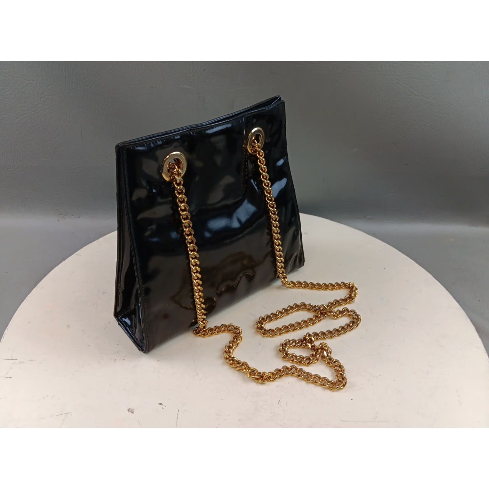 Neiman Marcus VINTAGE Neiman Marcus Purse Crossbody Bag Black Patent Leather Chain Strap EUC Size ONE SIZE - 2 Thumbnail