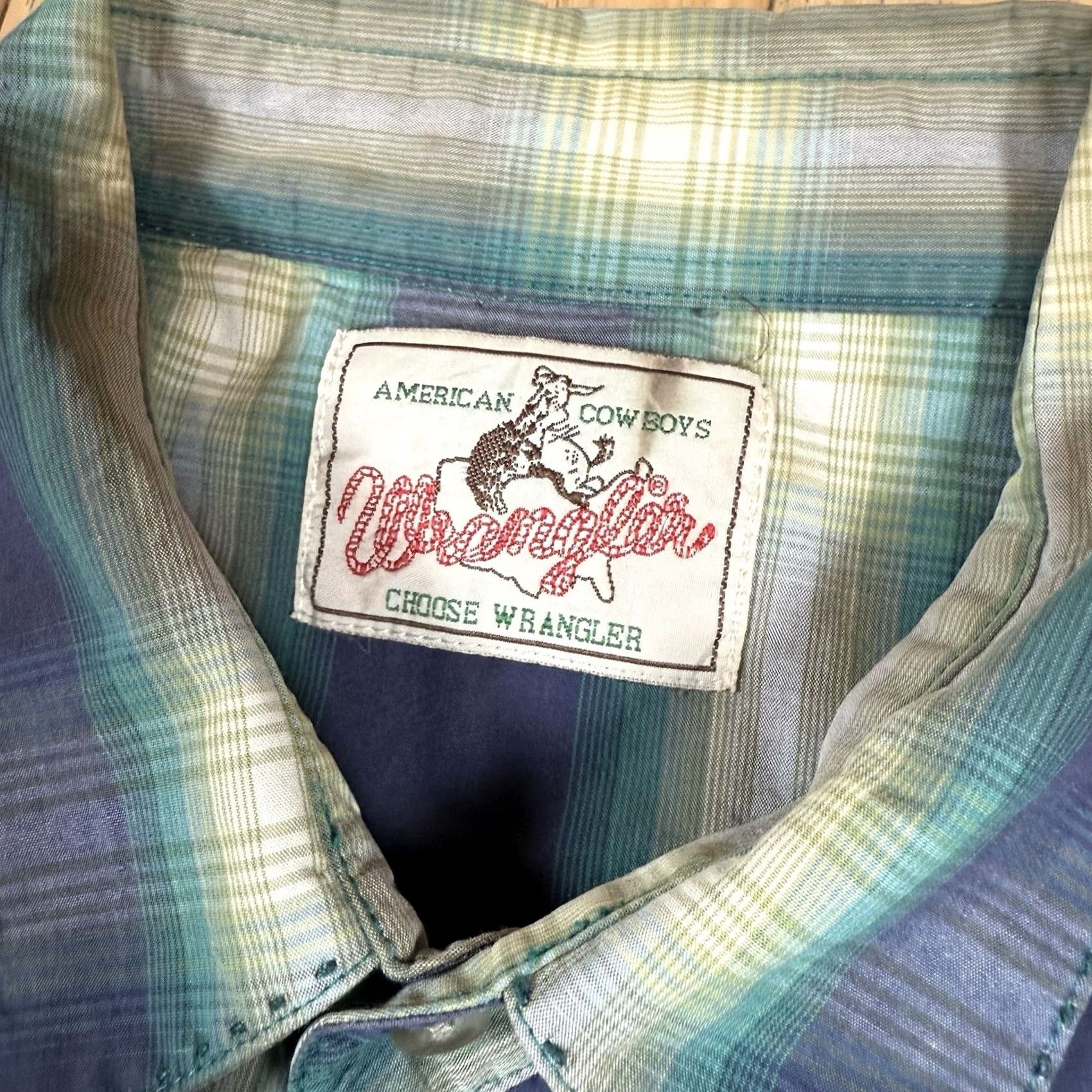 Wrangler VINTAGE Wrangler Shirt Mens Large Blue Green Plaid Pearl Snap Button-Down 80s Western Cowboy Retro Size US L / EU 52-54 / 3 - 4 Thumbnail
