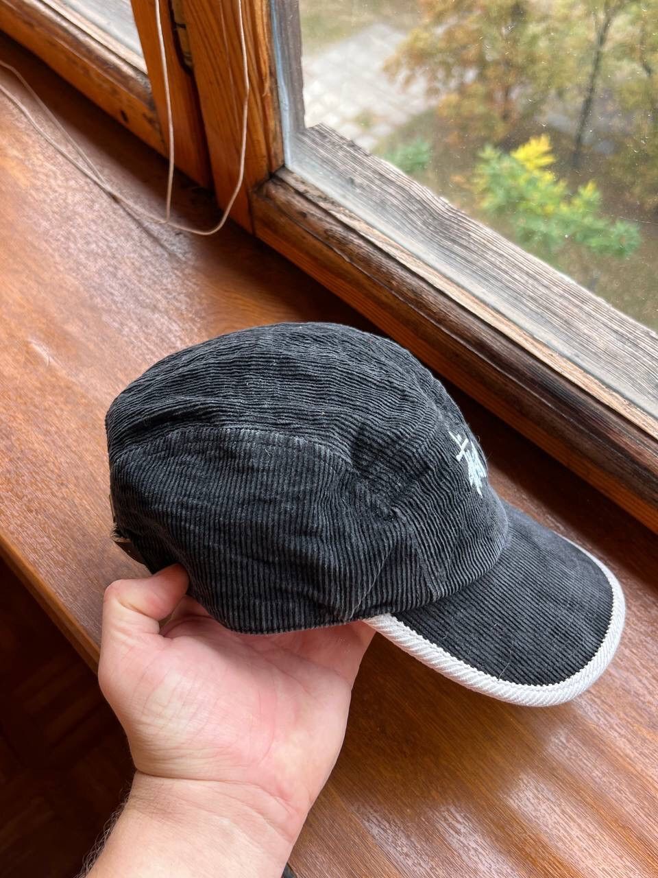 Vintage Stussy Logo Corduroy Panel Hat Y2K Leather strap