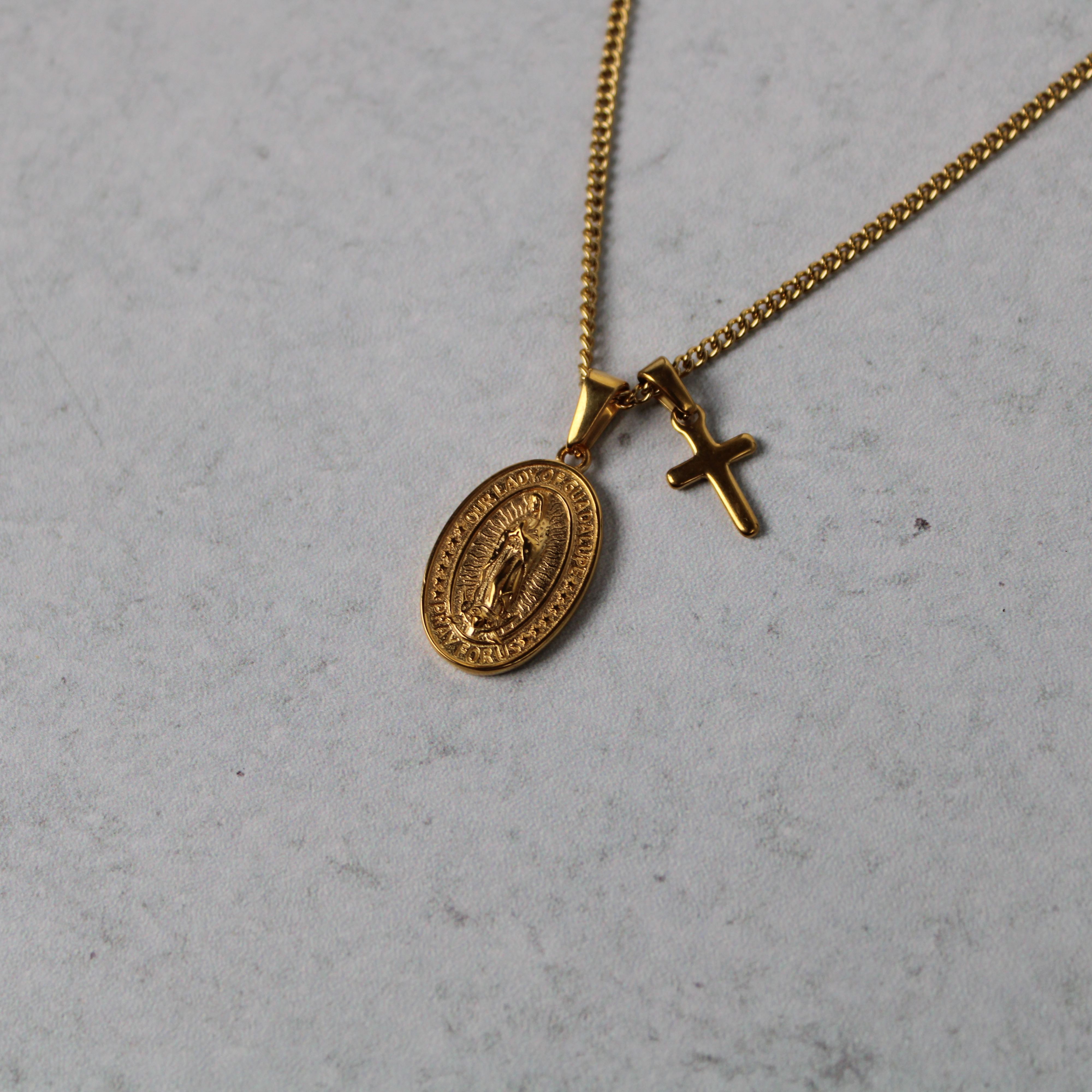 Jewelry Gold Lady of Guadalupe and Mini Cross Pendant Necklace Set Size ONE SIZE - 4 Thumbnail