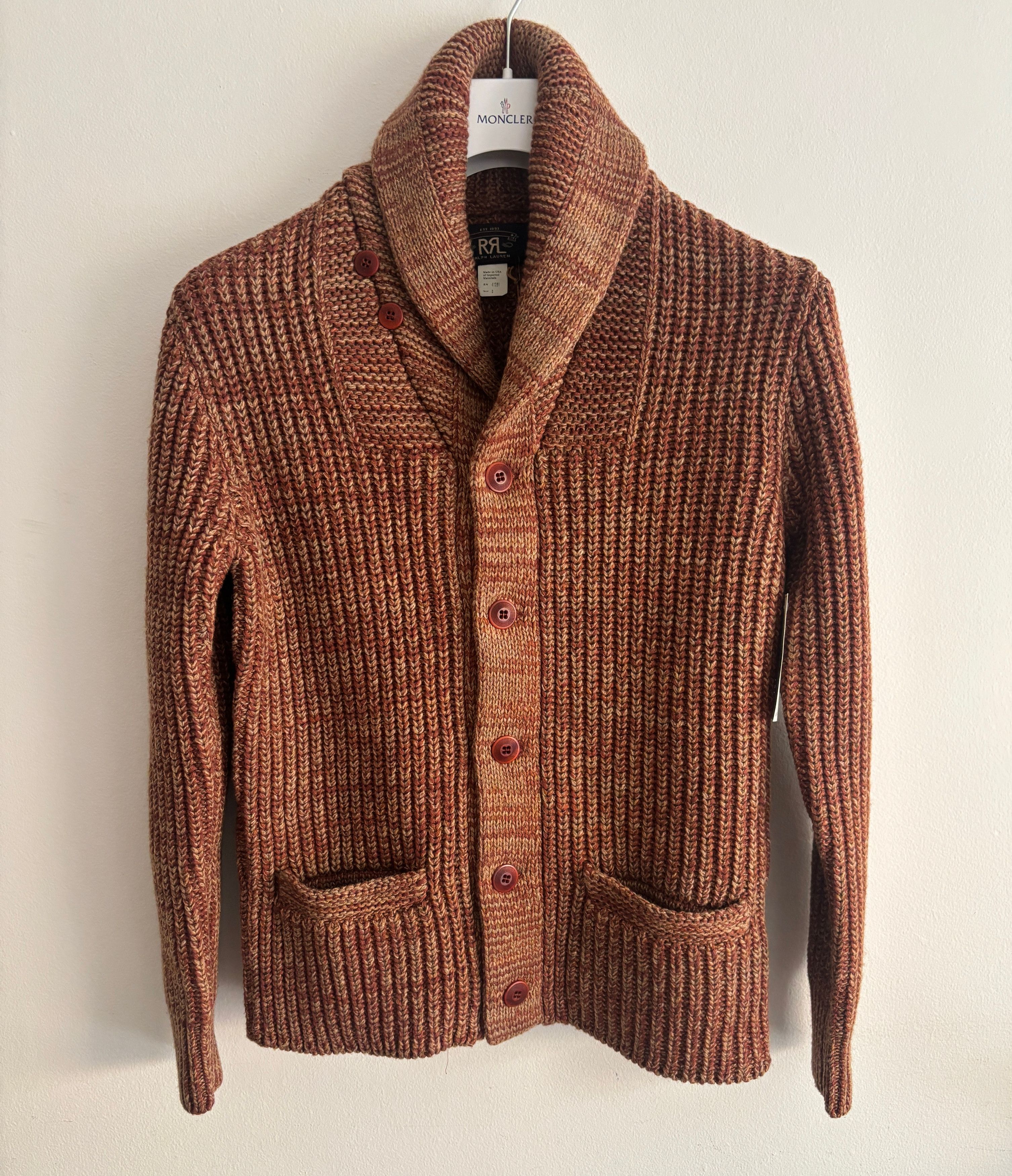RRL Ralph Lauren BNWT Thick Rust Marl Wool Cotton Shawl Collar Cardigan MiUSA Size US S / EU 44-46 / 1 - 1 Thumbnail