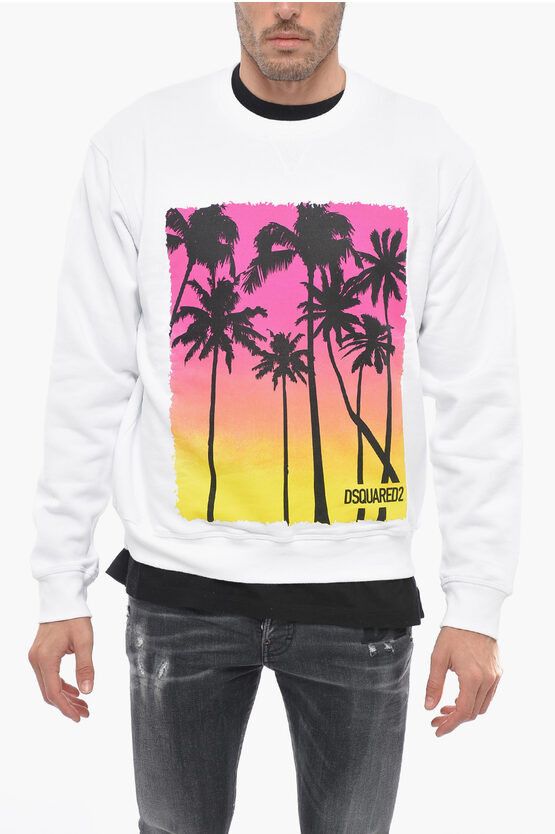 image of Dsquared2 Fleece Cotton Palm Sunset Crew Neck Sweatshirt in White, Men's (Size Large)