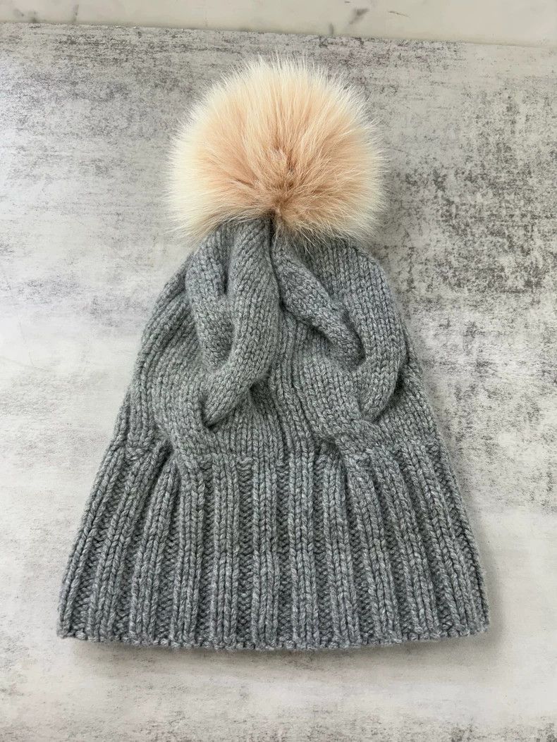 Loro Piana LORO PIANA Gray knitted hat with real fox pom-poms Size ONE SIZE - 3 Thumbnail