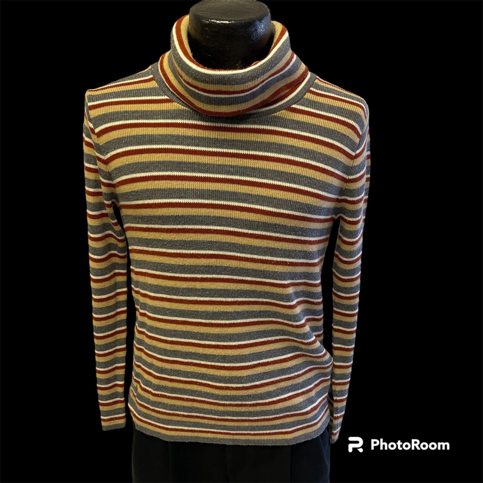 image of 60’S Sears Mod Beige Maroon Stripe Sweater Disco Turtleneck in Beige Maroon White (Size Small)