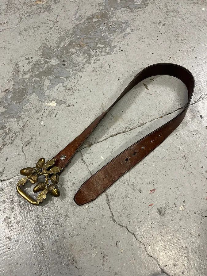 Designer × Dsquared2 × Vintage 2000s Dsquared2 Nuts & Leaves Bucke Brown Leather Belt Size ONE SIZE - 2 Thumbnail