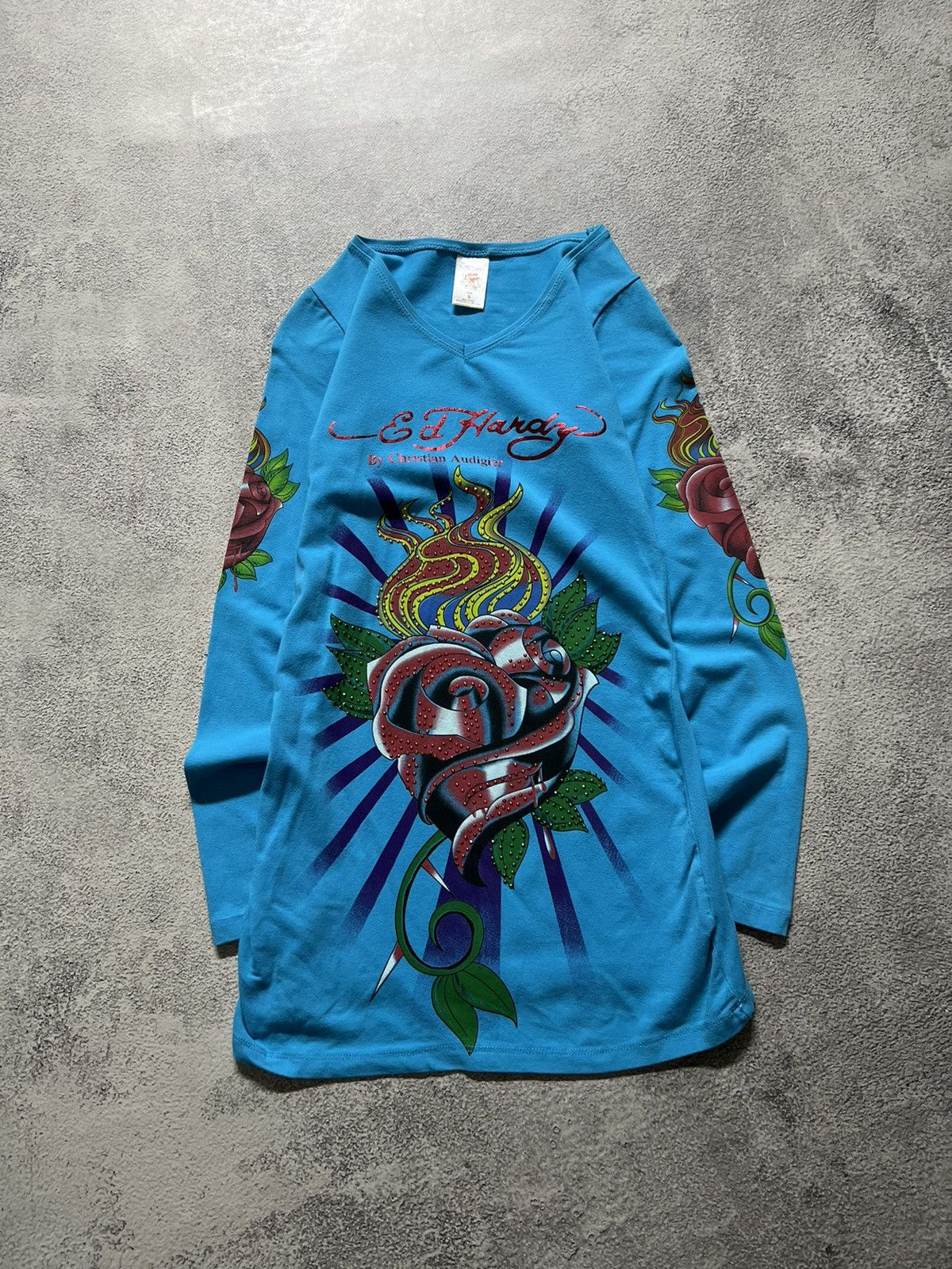 Christian Audigier × Ed Hardy × Vintage Vintage Y2k Ed Hardy 🌹💙 Rosed Long Sleeve Dress 00’s Size S / US 4 / IT 40 - 2 Thumbnail
