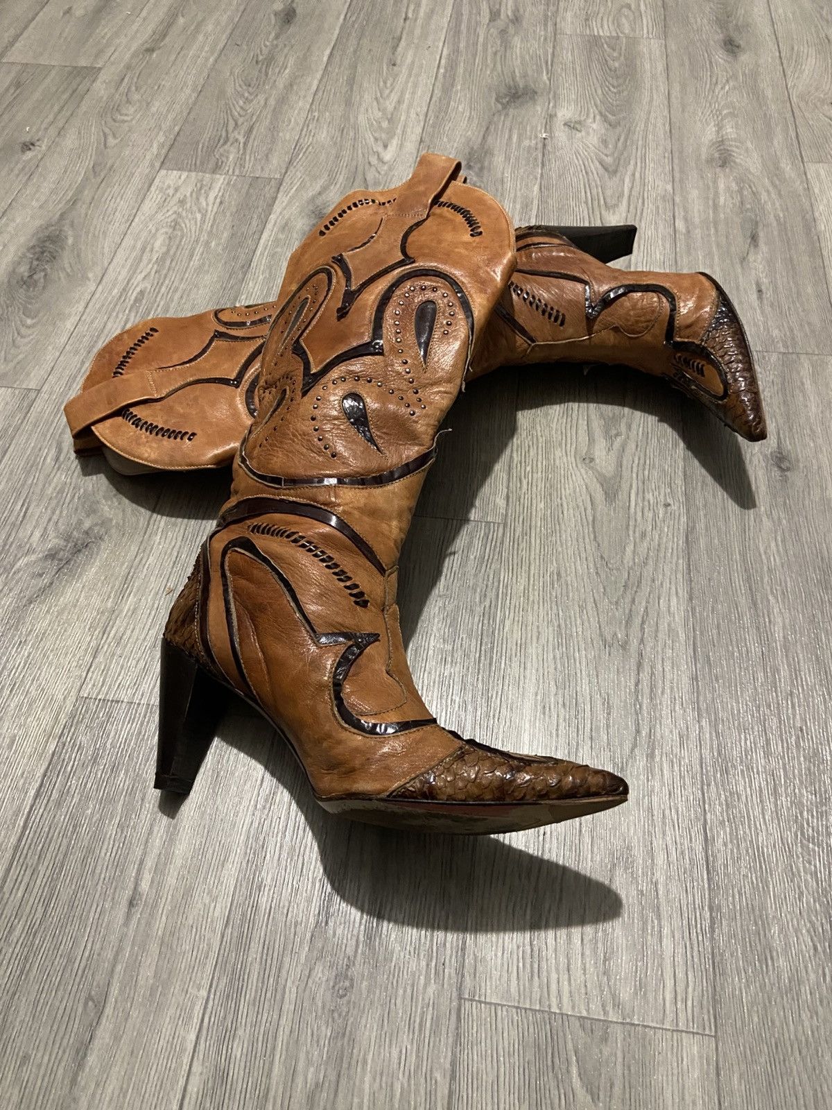 Jo Ghost Jo Ghost Stunning Leather & Snakeskin Knee High Cowboy Boots Size US 10 / IT 40 - 1 Thumbnail