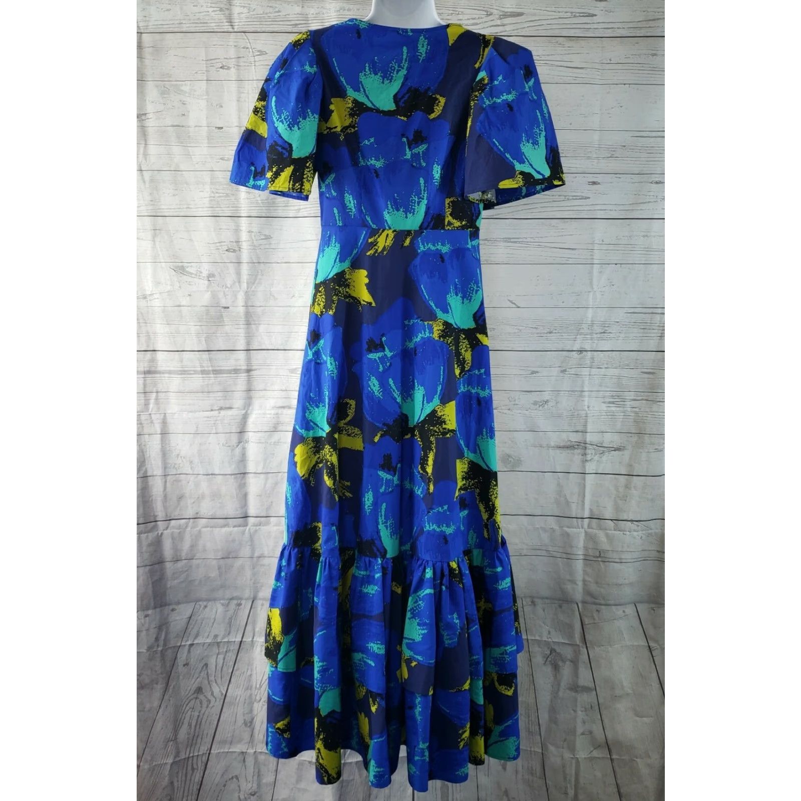 Vintage VINTAGE Christopher John Rogers for Target Womens Dress Sz 2 Blue Puff Sleeve Floral Short Sleeve V-Neck A-Line Maxi Size XS / US 0-2 / IT 36-38 - 3 Thumbnail