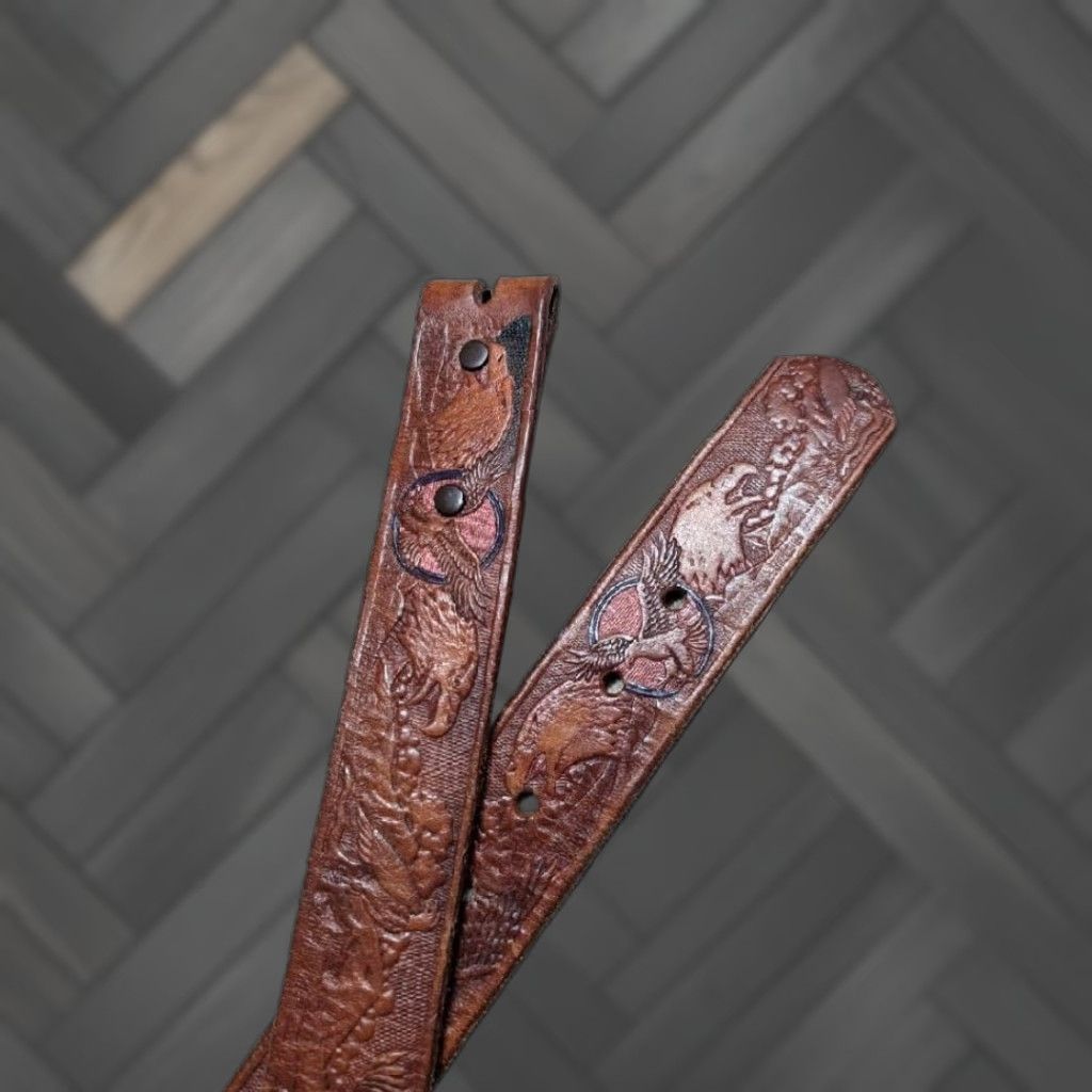 Vintage VINTAGE western belt leather Bald Eagle buckle handcrafted 38 Men Brown leather Western Belt 38 Mens Size 38 - 1 Thumbnail