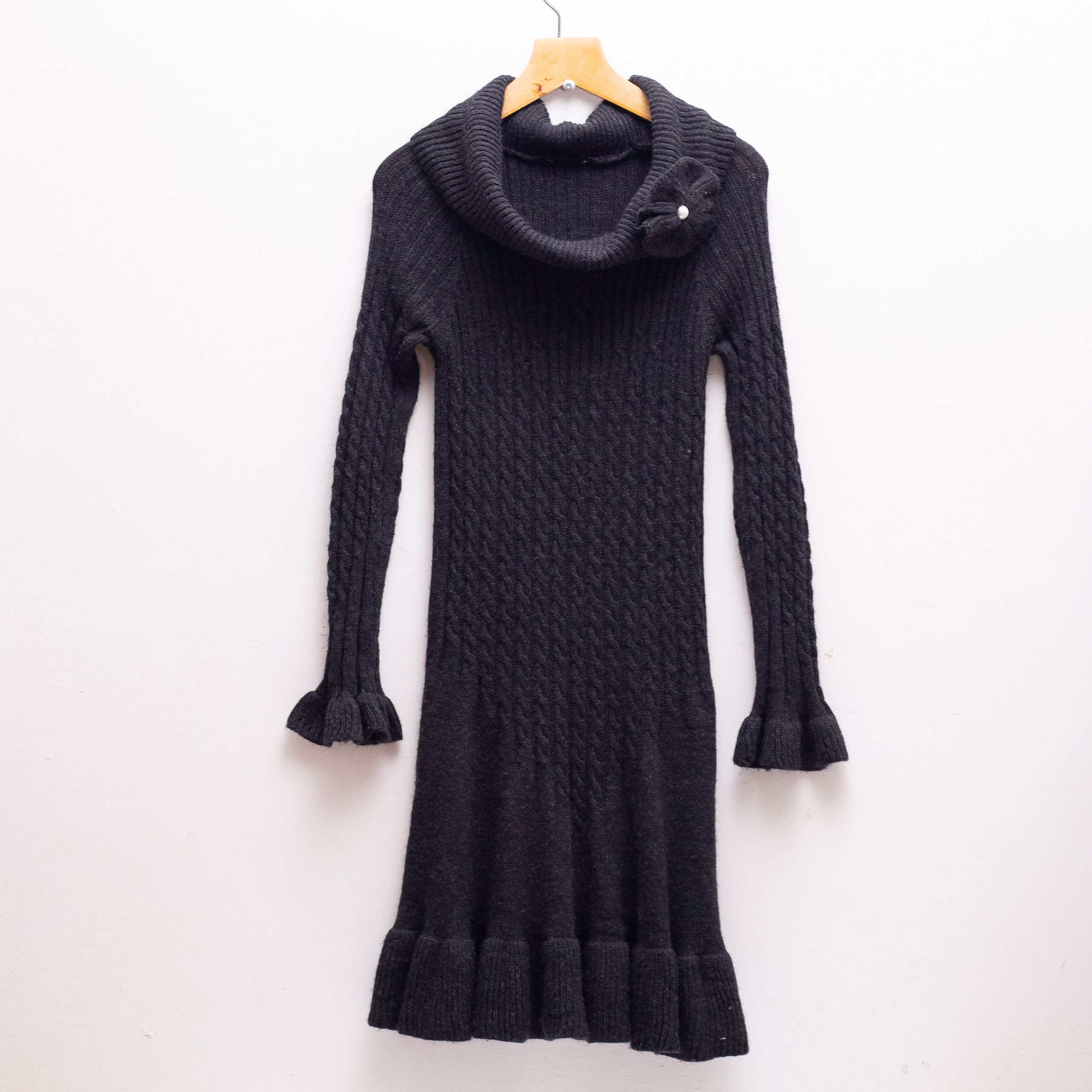 Wool Blend Off Shoulder Dress Warm Soft Wool Flower Detail