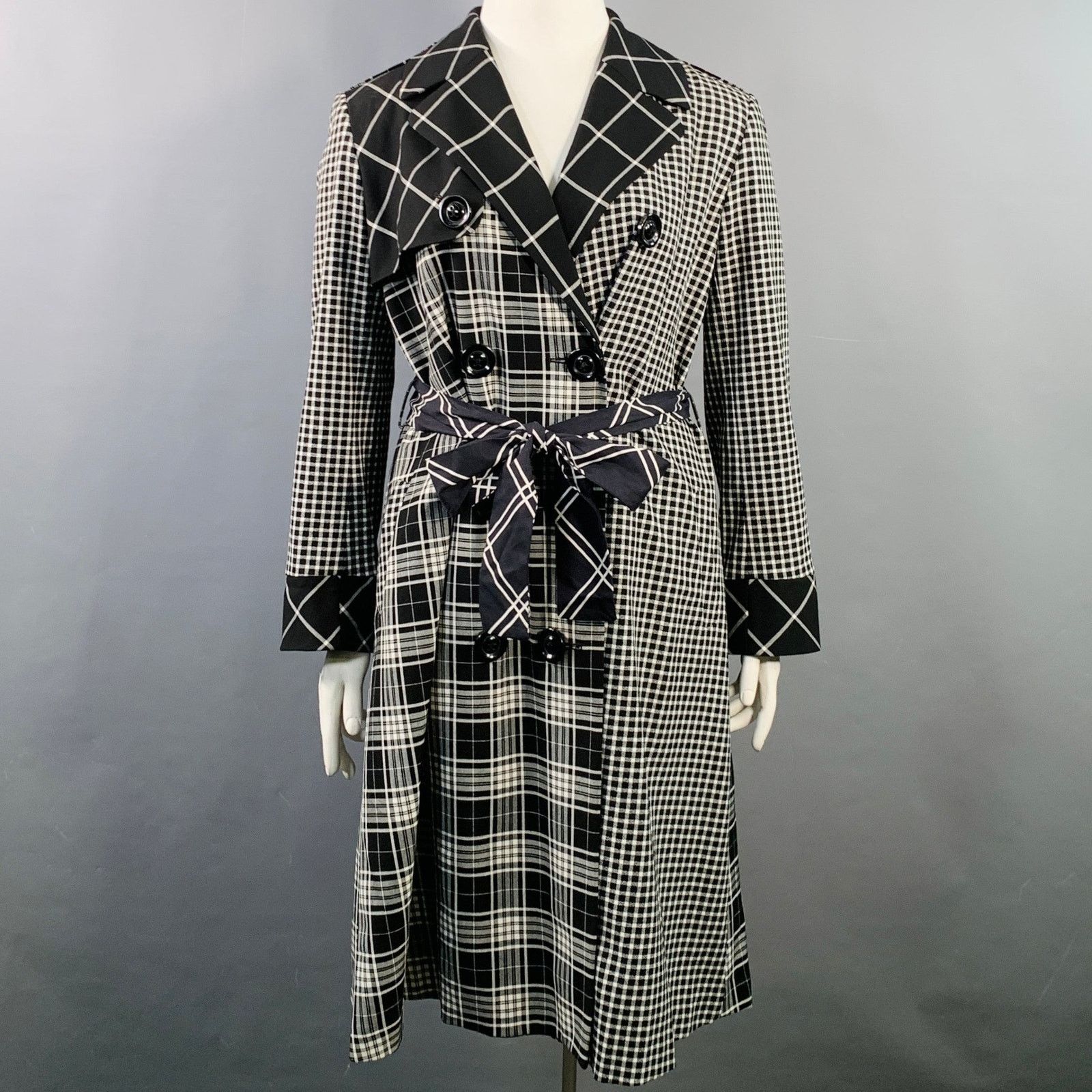 Alice + Olivia Black White Plaid Double Breasted Belted Trenchcoat Size L / US 10 / IT 46 - 1 Thumbnail