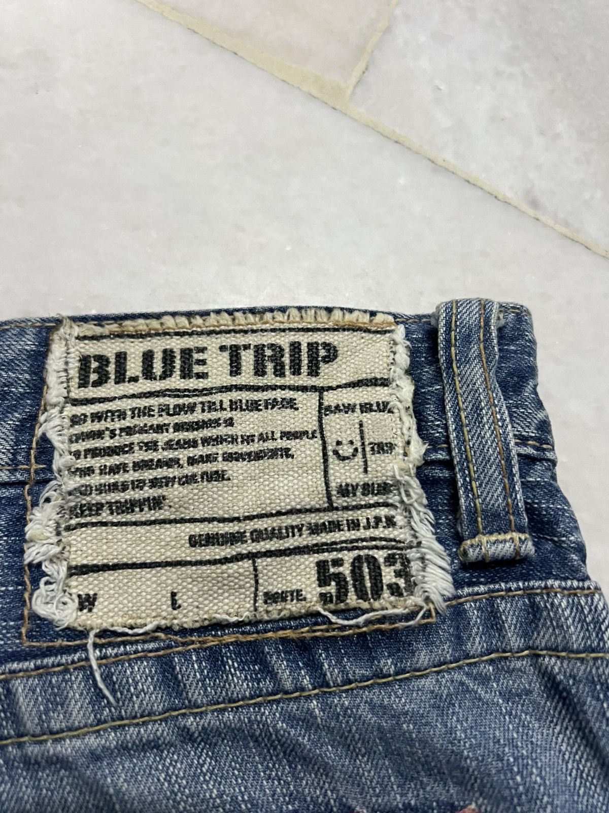 Edwin × Japanese Brand 💥Flare💥Edwin 503 Blue Trip Faded Distressed Jean Size US 30 / EU 46 - 20 Thumbnail