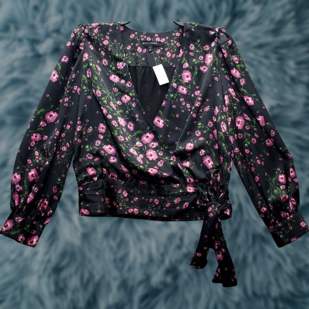 Banana Republic Banana Republic Blouse Women Size S Multicolor Floral Satin Long Sleeve Wrap Tie Front V-Neck Shirt Size S / US 4 / IT 40 - 1 Thumbnail