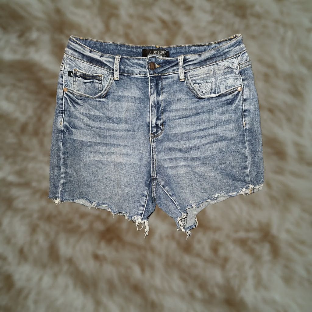 Vintage Judy Blue Cut Off Jean Shorts Women's XL High Rise Blue Stretch Paisley Preppy Size 40" / US 18 - 1 Thumbnail
