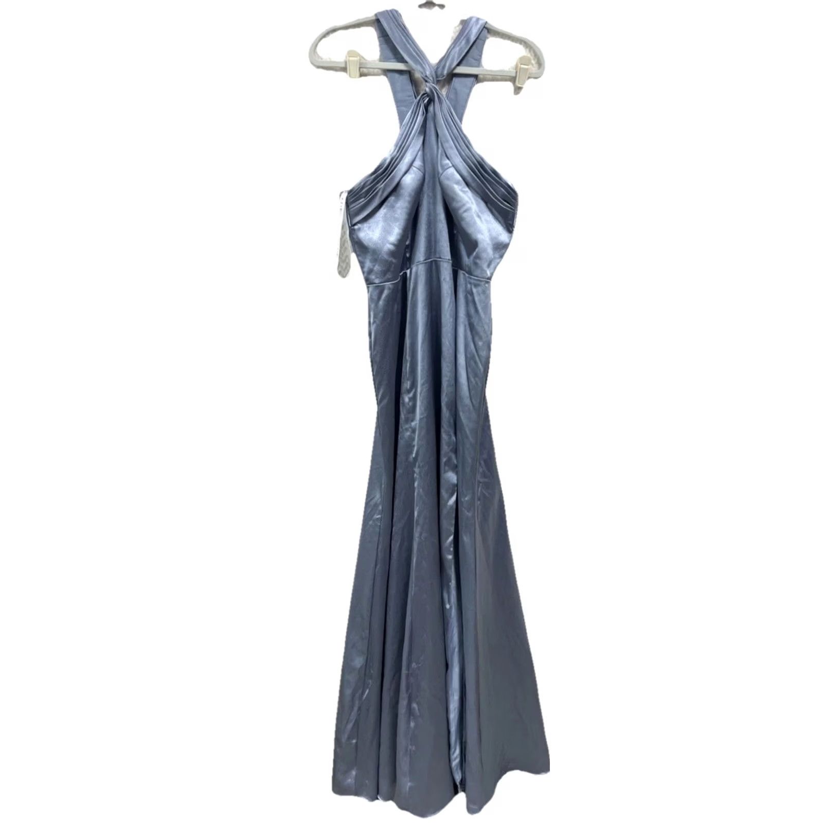 Vintage Azazie Satin Halter Bridesmaid Dress A12 Slate Blue Open Back Formal Prom Gown Size ONE SIZE - 3 Thumbnail