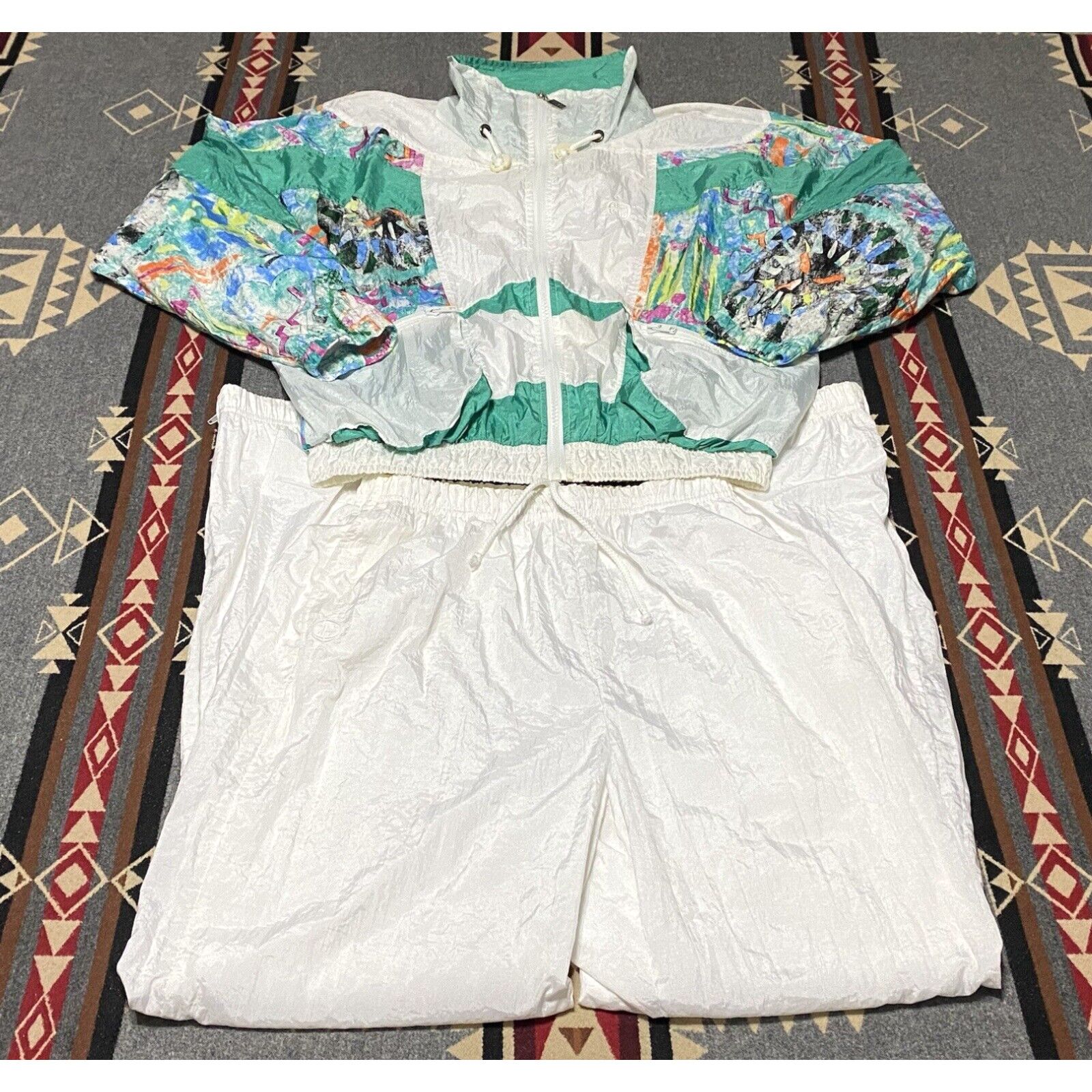 image of Vintage Sergio Tacchini Floral Track Jacket & Pants 80's Lightweight Size 8 Hr Shoes in White, Wome