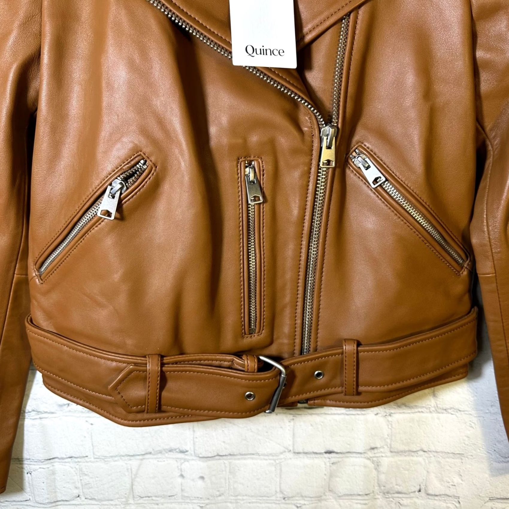 Quince Quince Womens Leather Motorcycle Jacket Small Dark Cognac Brown Bike Size S / US 4 / IT 40 - 3 Thumbnail