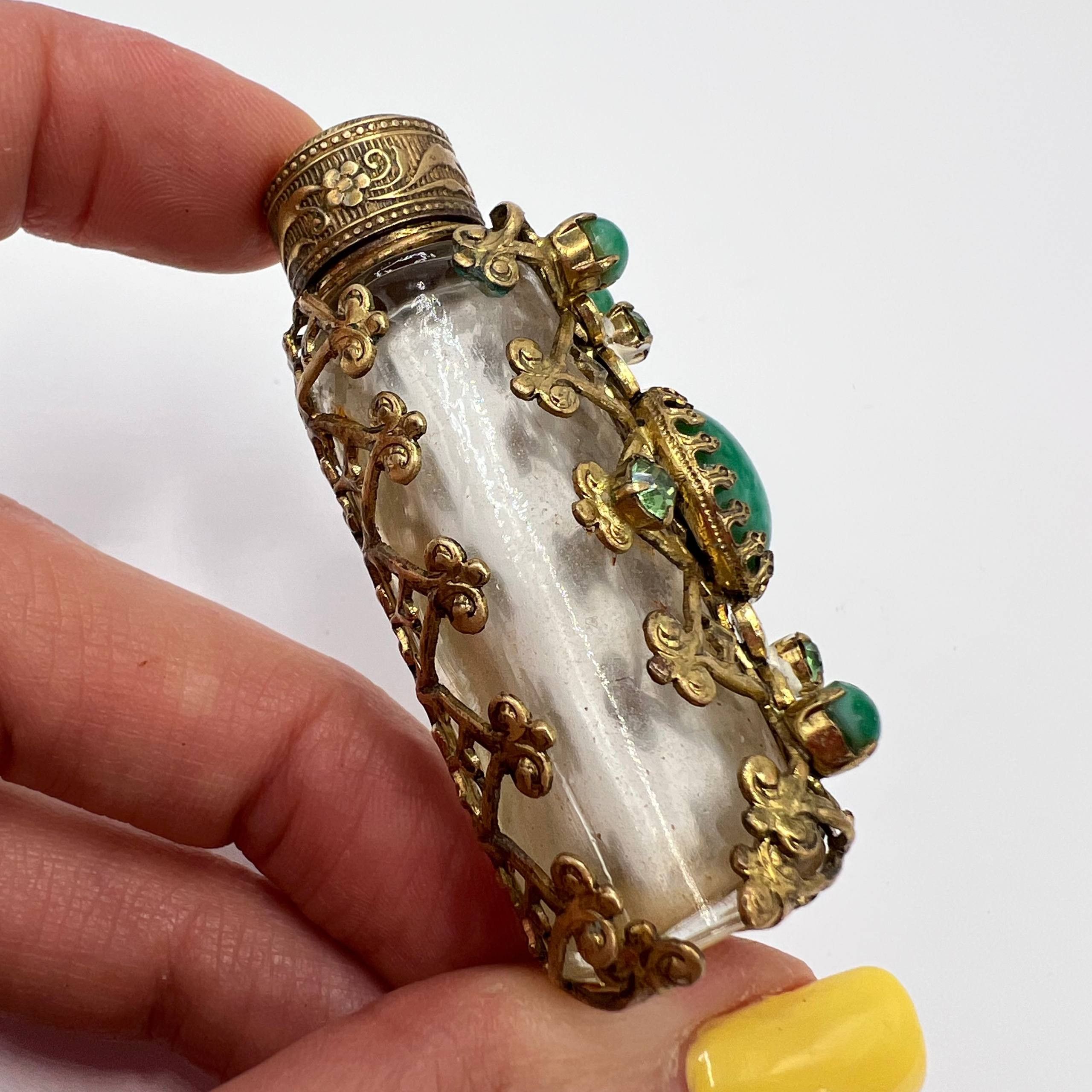 Vintage 1970 Vintage Czech Glass Perfume Bottle Gilt Brass Filigree Size ONE SIZE - 7 Thumbnail