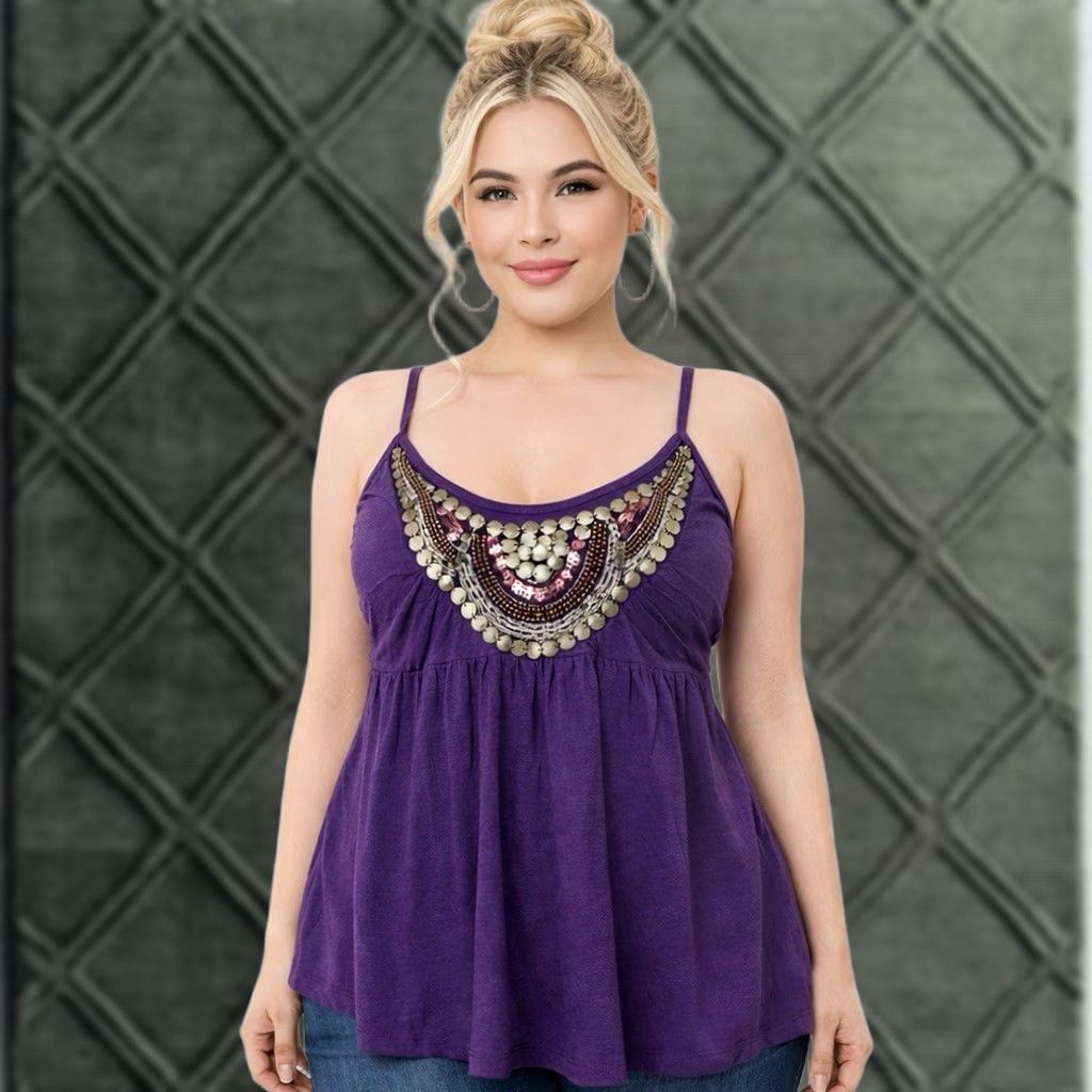Vintage Twentyone Tank Top M Sequins Beaded Silver Threads Metal Purple Sleeveless Spaghetti Strap Casual Party/Cocktail Workwear Womens 90s Style Size M / US 6-8 / IT 42-44 - 1 Thumbnail