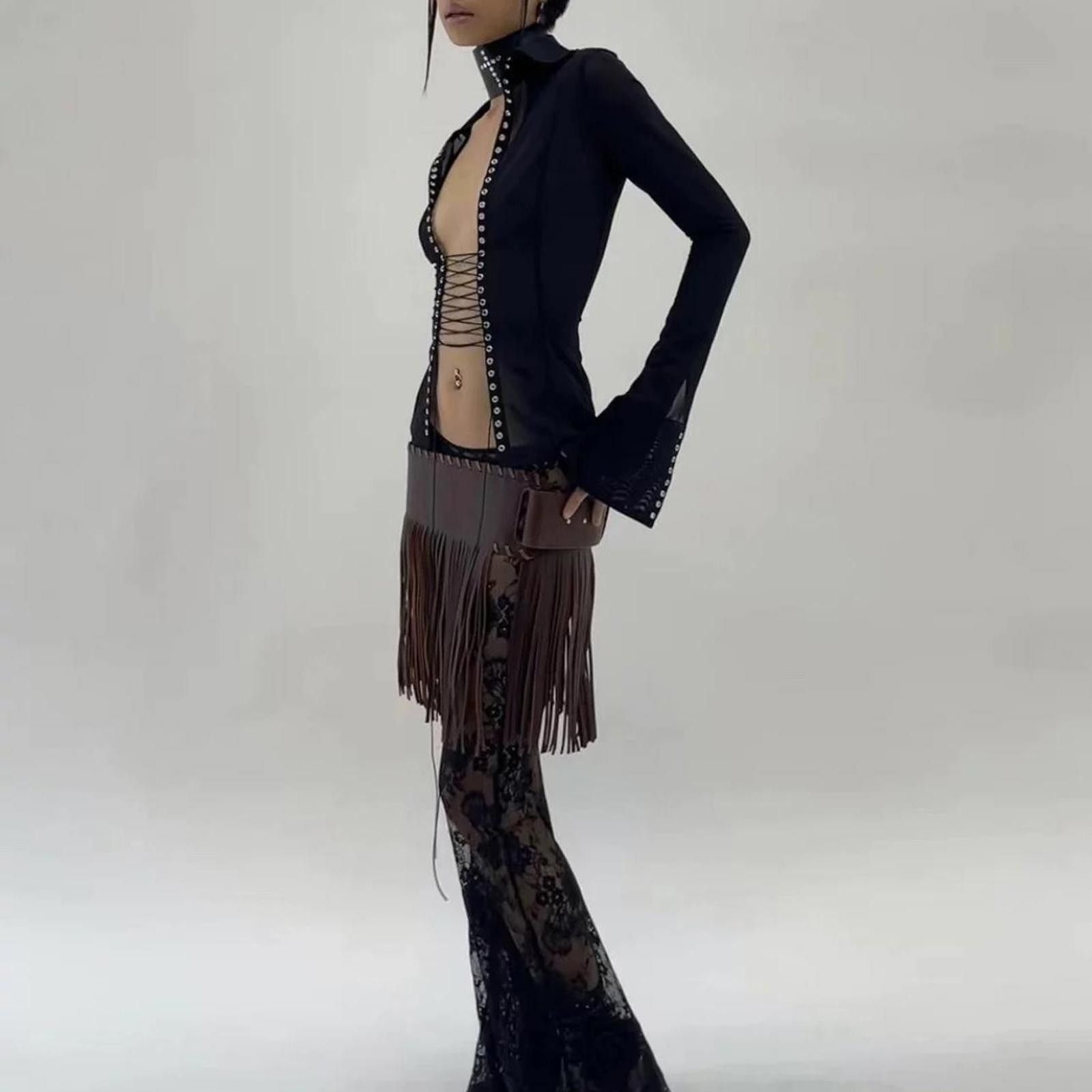 Japanese Brand Y2K Edgy Chunky Modern Belt, Tassel Wide Strap Waistband Size ONE SIZE - 2 Thumbnail