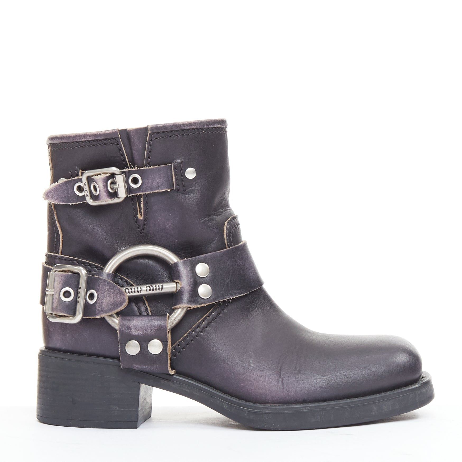 Miu Miu MIU MIU 2025 distressed washed black leather moto harness ankle boots EU36 Size US 6 / IT 36 - 1 Thumbnail
