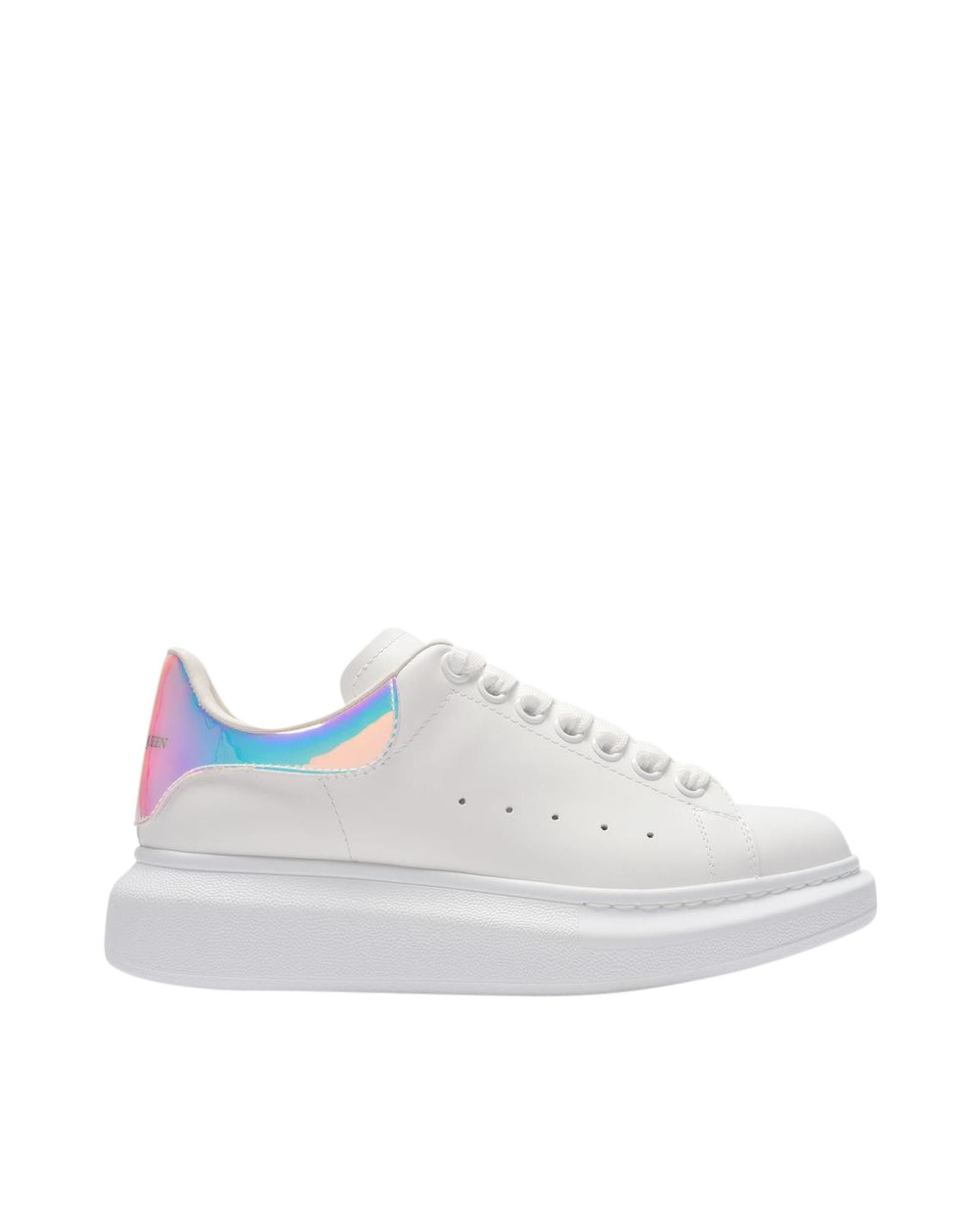 image of Alexander Mcqueen Oversized White Leather Sneakers With Holographic Detail, Women's (Size 10)