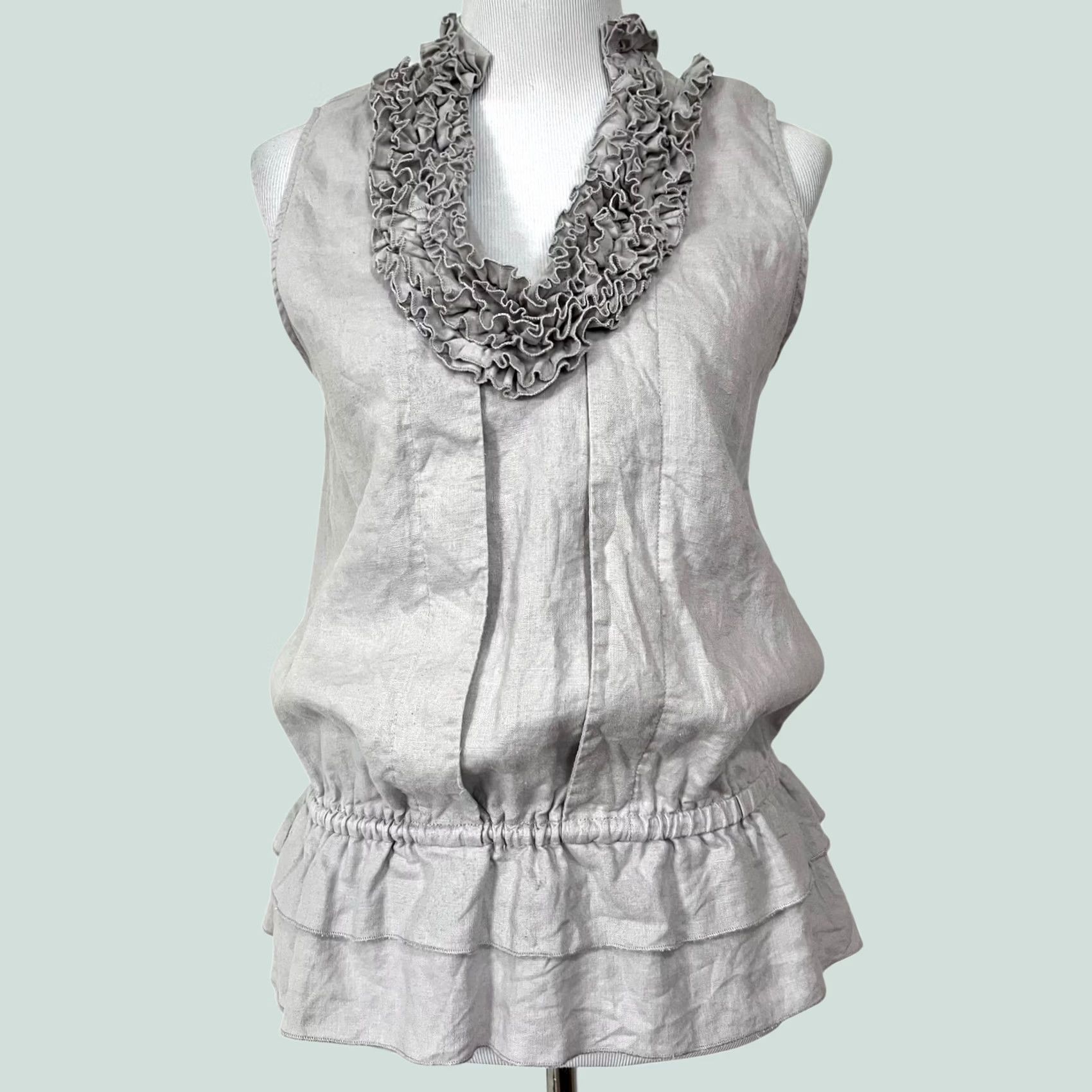 Vintage Zoe D. Women’s Linen Top Gray Sleeveless Cinched Waist Ruffled Collar Blouse M, Blouse, Women, Gray, Linen, Solid, Sleeveless, 50s? Size M / US 6-8 / IT 42-44 - 1 Thumbnail