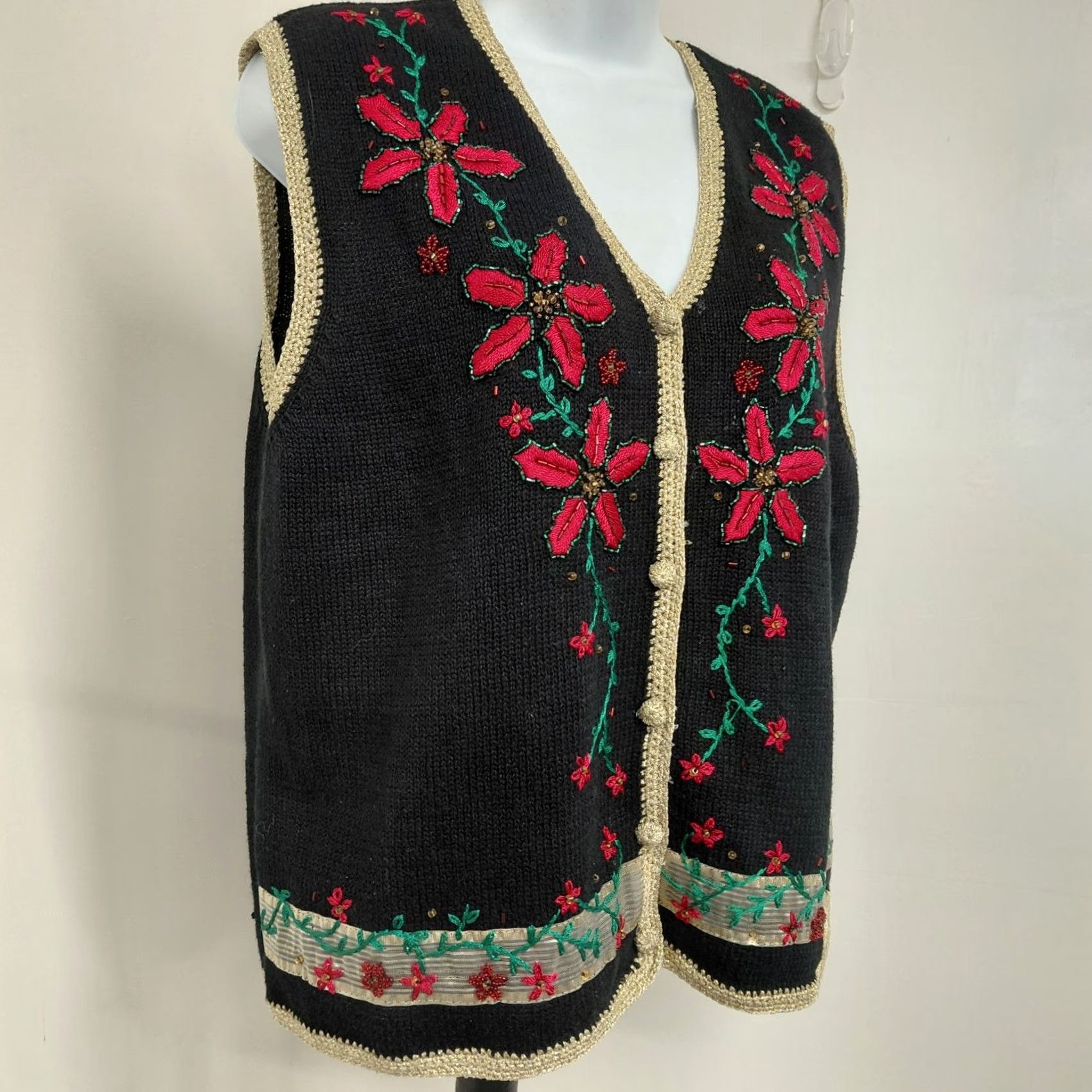 Vintage Vtg Studio Joy Vest Women’s P/XL Embellished Floral Christmas Knit Sleeveless Sweater Vest Size XL / US 12-14 / IT 48-50 - 3 Thumbnail