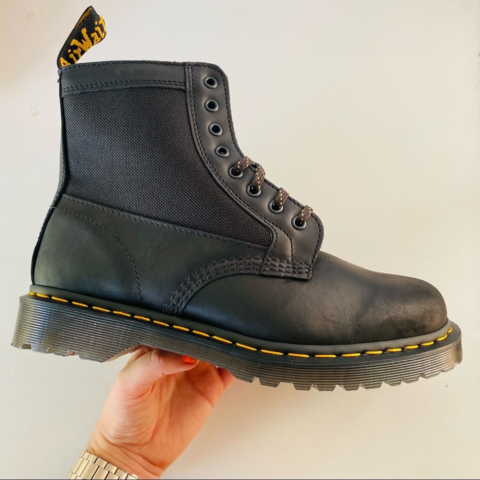 NEW DR DOC MARTENS Black Leather Canvas Combat Ankle Boot