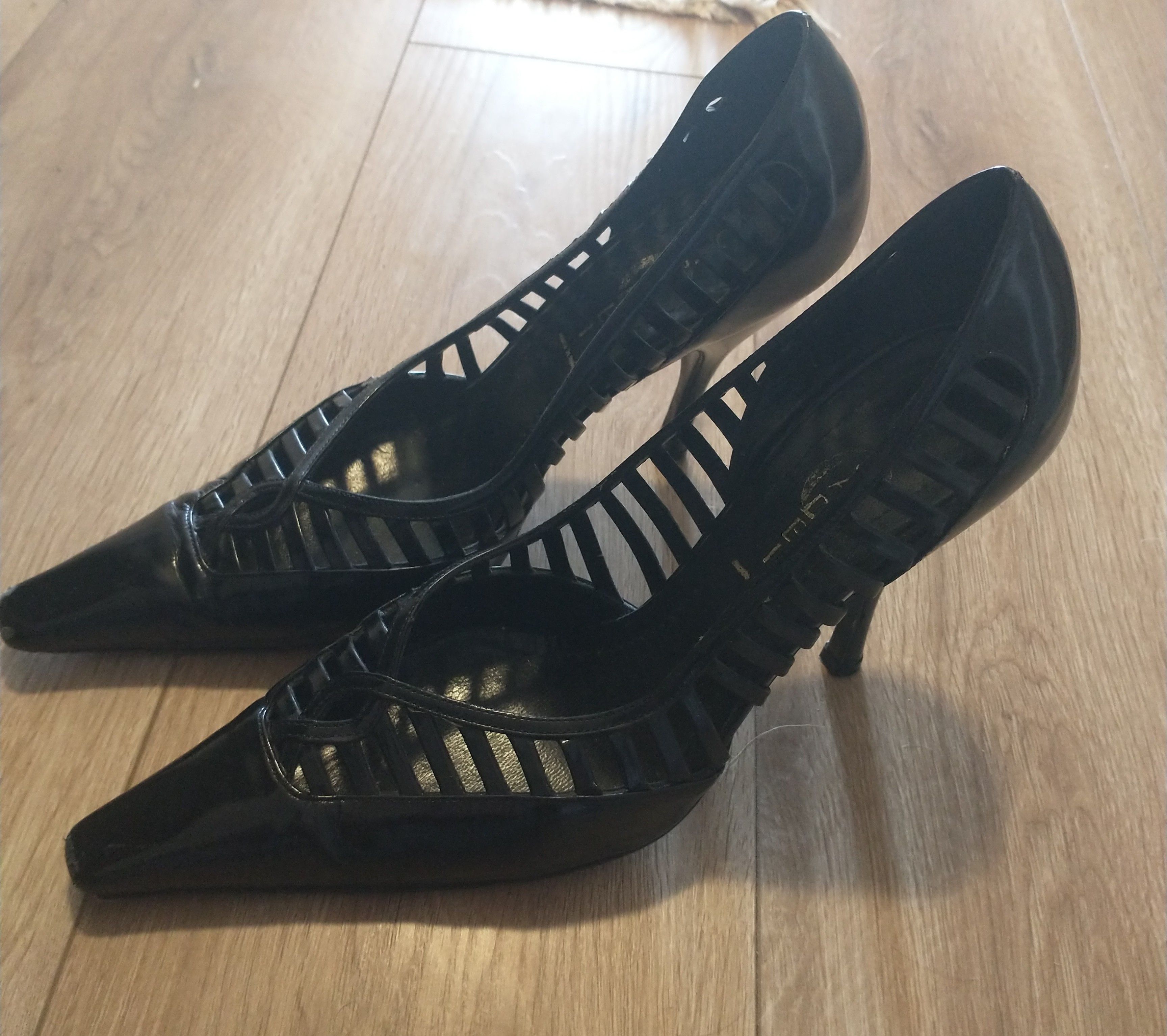 image of Casadei High Heel Shoesed Patent Leather Abstract Pump Shoes in Black, Women's (Size 8)