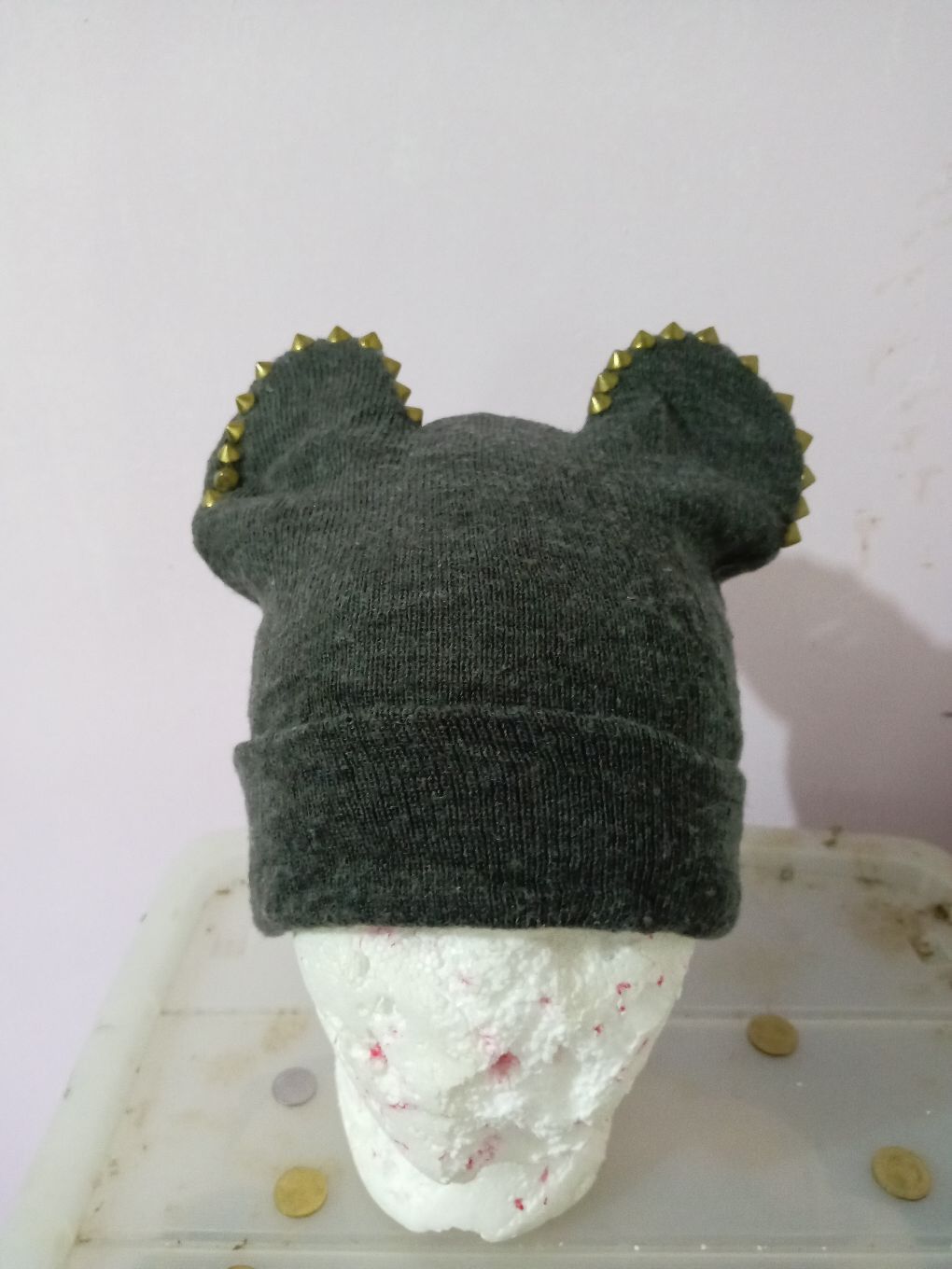 image of Archival Clothing Unknown Bunny Devil Horn Beanie Swarovski in Grey, Men's