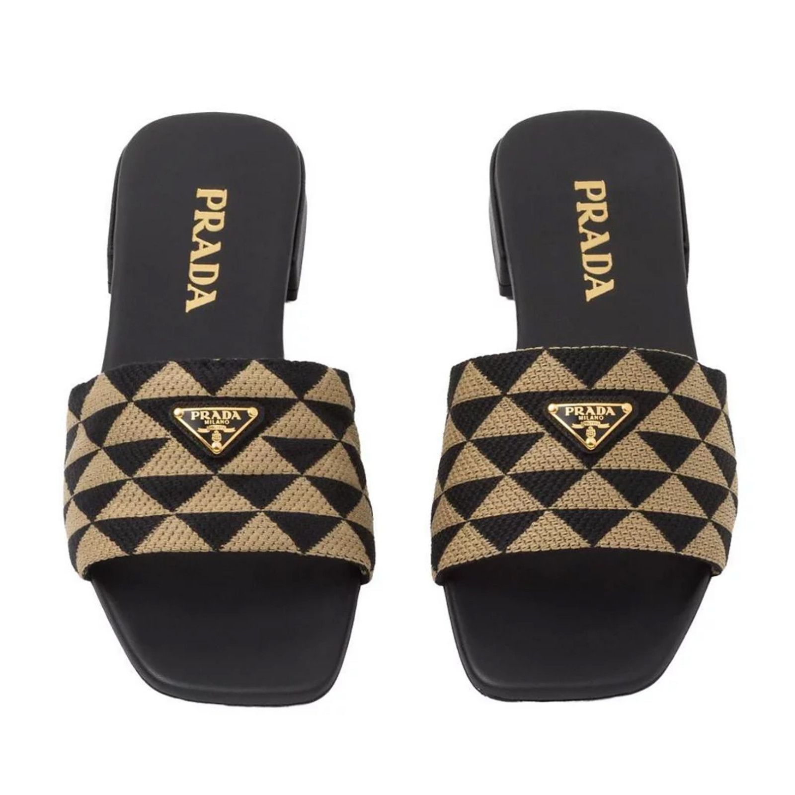 Prada Prada Jacquard Triangle Logo Black Beige Tan Leather Slide Size US 7.5 / IT 37.5 - 14 Thumbnail