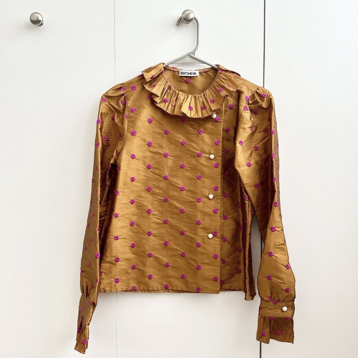 Batsheva Batsheva Petal Blouse Turmeric Embroidered Silk Taffeta NWOT Size XS / US 0-2 / IT 36-38 - 2 Thumbnail