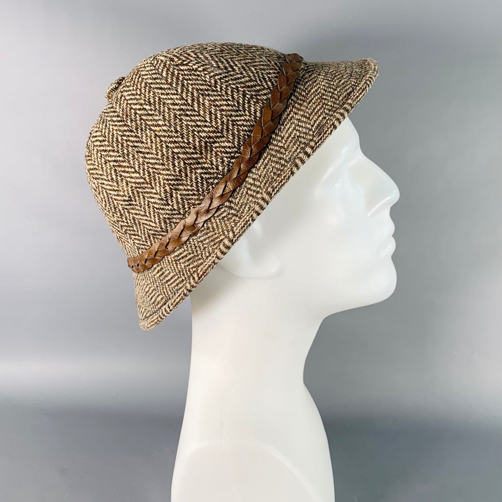 Other Brown Beige Herringbone Braided Leather Trim Fabric Hat Size ONE SIZE - 1 Thumbnail